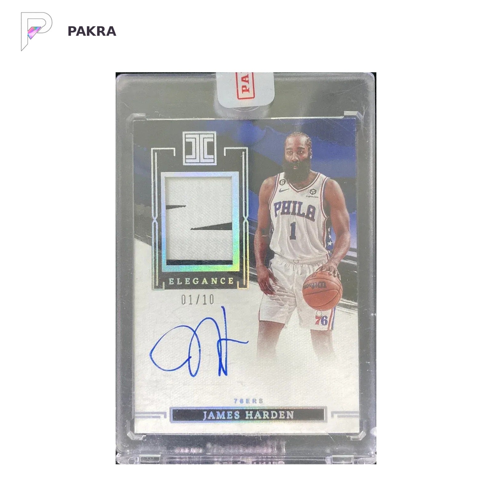 2022-23 Impeccable Silver James Harden GU Patch Auto JSY Number 1/10 Sealed shown on a white PAKRA background.