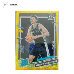2023-24 Panini Donruss Optic Rated Rookie Victor Wembanyama Gold Scope 04/10 XMG shown on a white PAKRA background.
