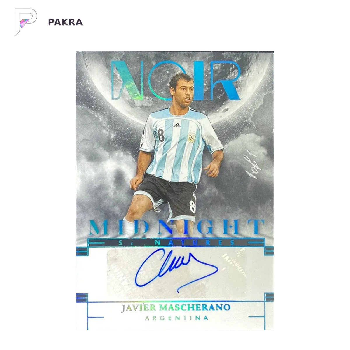 2024-25 Panini Noir Midnight Platinum Javier Mascherano Auto 1/1 messi shown on a white PAKRA background.