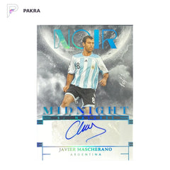 2024-25 Panini Noir Midnight Platinum Javier Mascherano Auto 1/1 messi shown on a white PAKRA background.