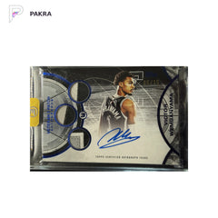 2025-26 Topps 3 Veteran Blue Victor Wembanyama GU Triple Relic Auto 5/15 shown on a white PAKRA background.