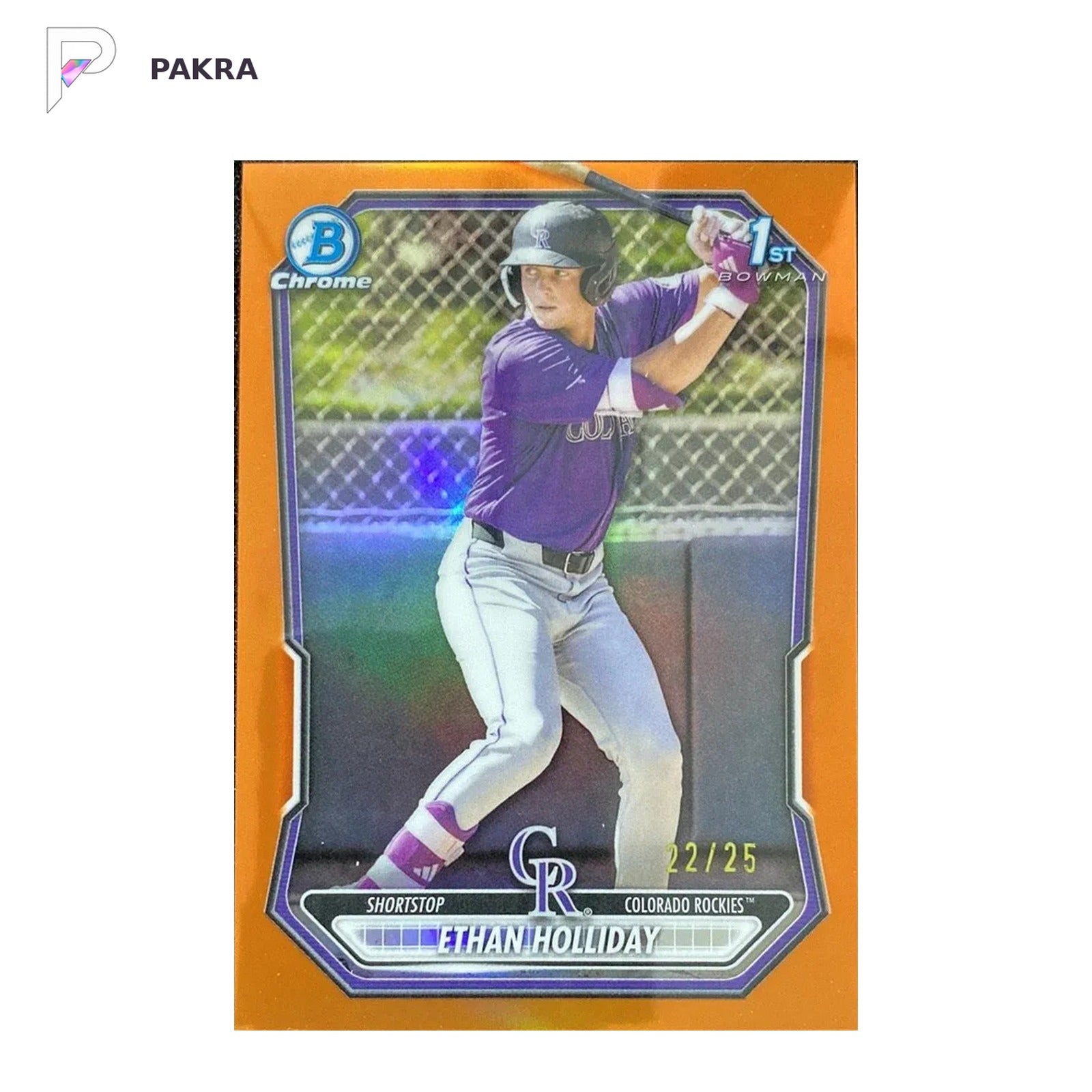 2026 Topps Bowman Chrome Orange #BCP-1 Ethan Holliday 1st 22/25 Rockies shown on a white PAKRA background.