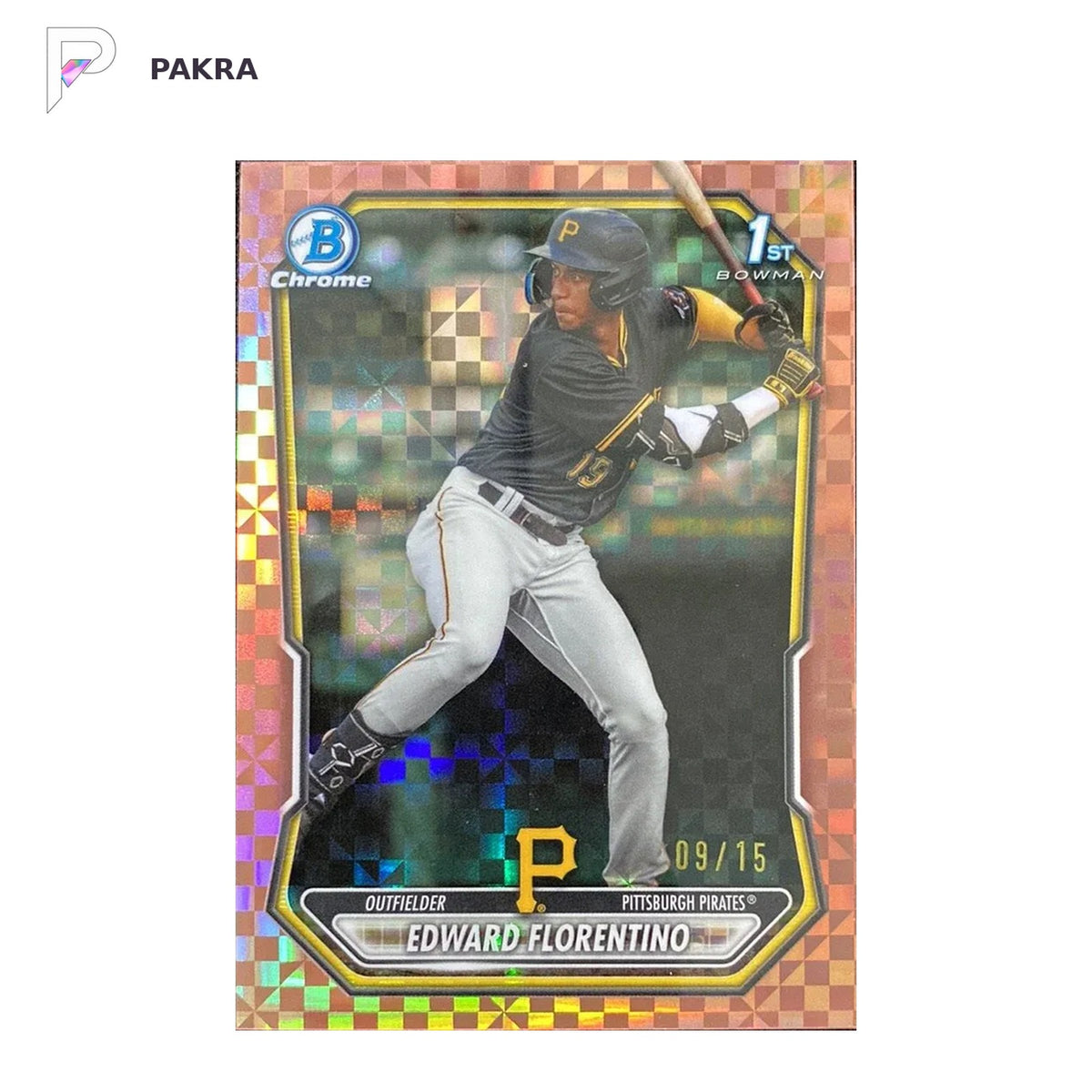 2026 Topps Bowman Chrome Rose Gold X-Fractor Edward Florentino 1st 9/15 shown on a white PAKRA background.