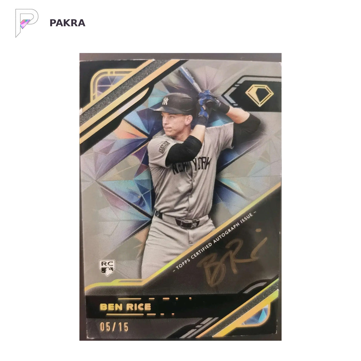 2025 Topps Diamond Icons Black Polychromatink Ben Rice RC Rookie AUTO 5/15 shown on a white PAKRA background.