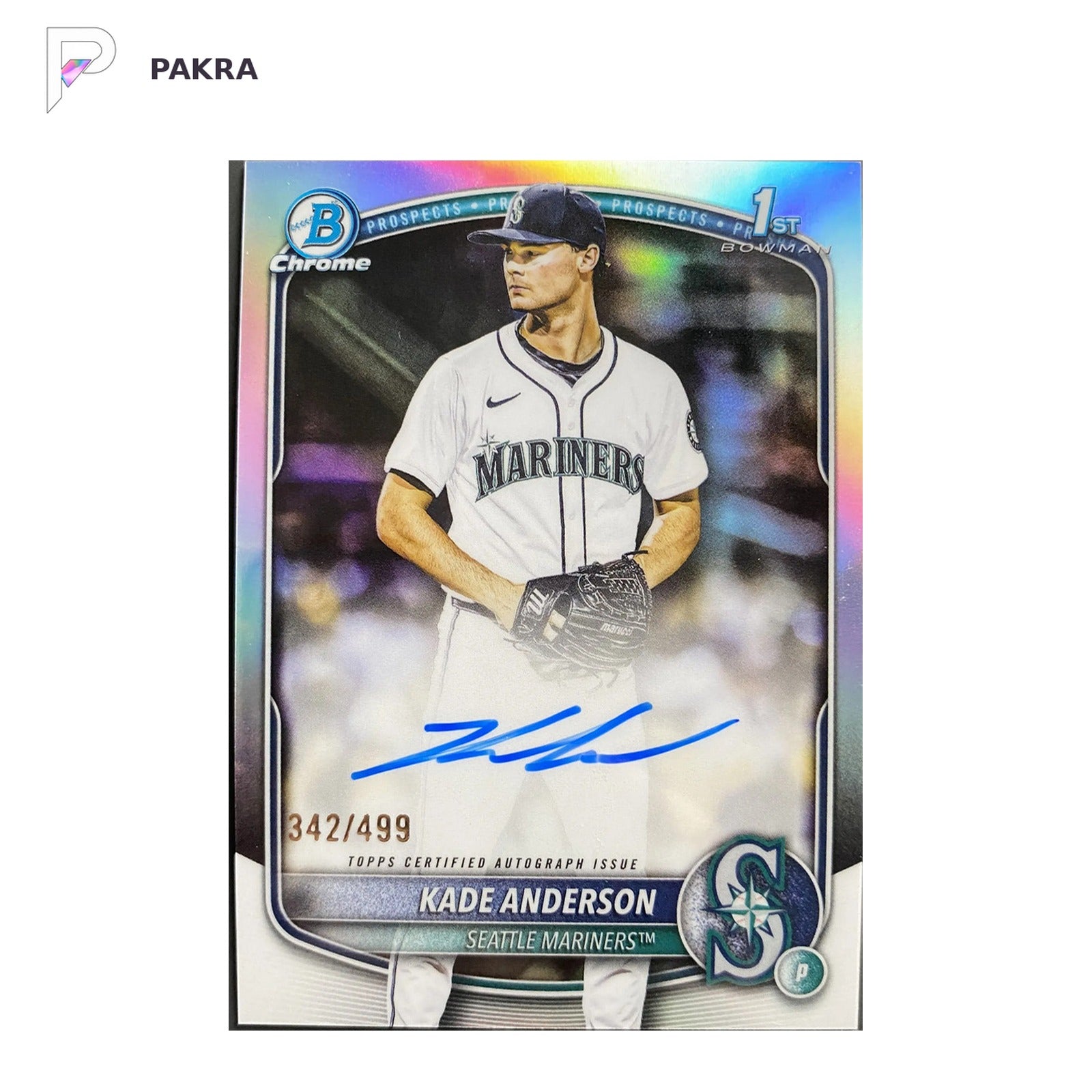2025 Bowman Draft 1st Kade Anderson Refractor Auto on Card /499 shown on a white PAKRA background.