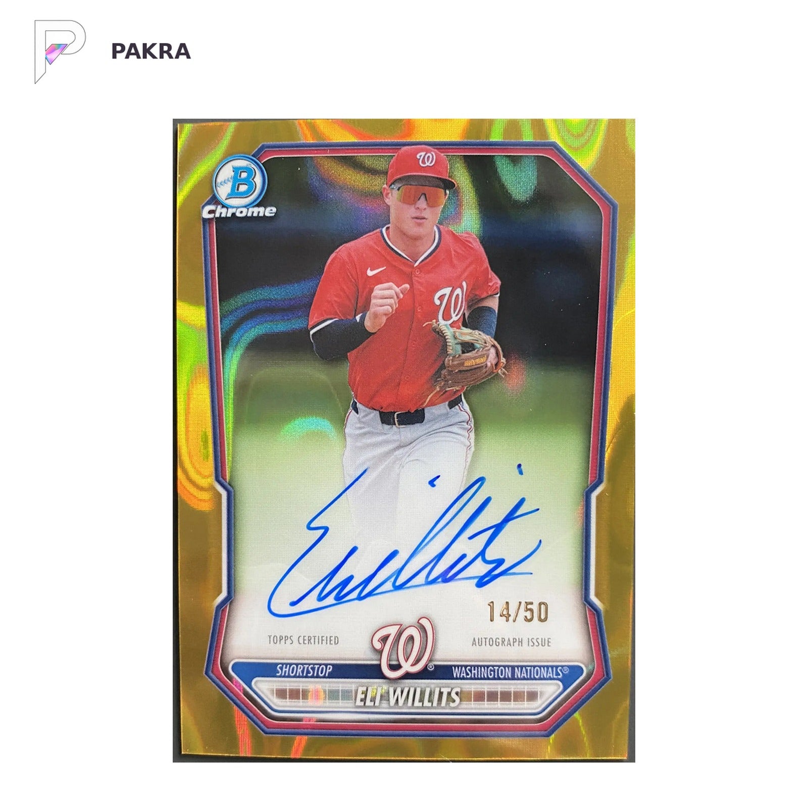 2026 Bowman Chrome Prospect Eli Willits Gold Lava Refractor Autograph 14/50 shown on a white PAKRA background.