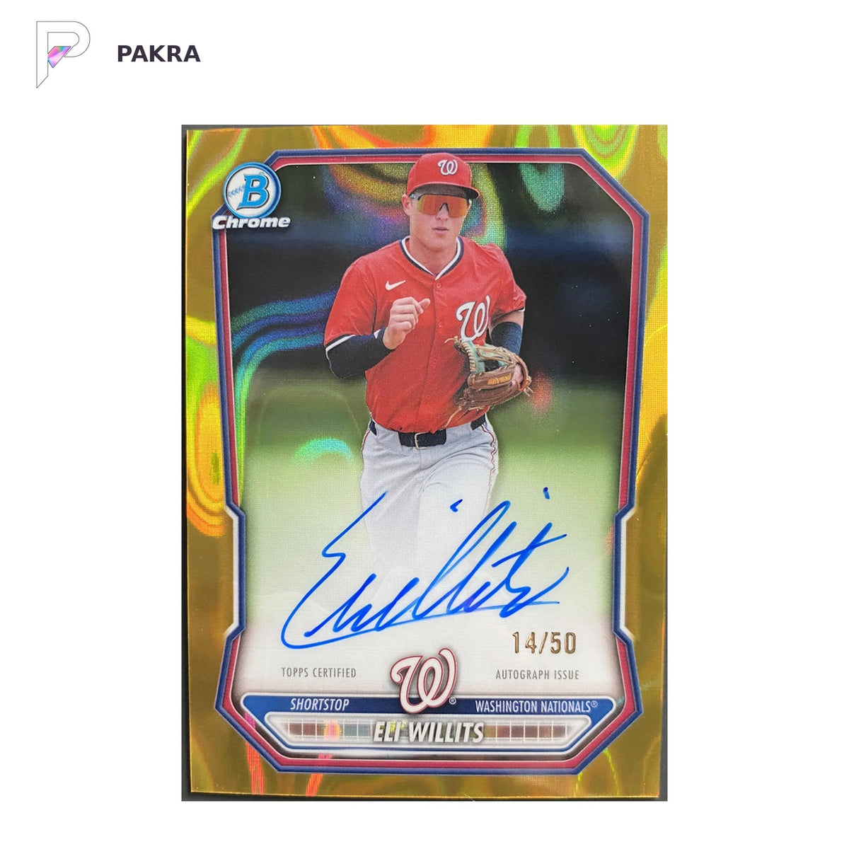 2026 Bowman Chrome Prospect Eli Willits Gold Lava Refractor Autograph 14/50 shown on a white PAKRA background.