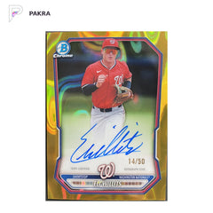 2026 Bowman Chrome Prospect Eli Willits Gold Lava Refractor Autograph 14/50 shown on a white PAKRA background.