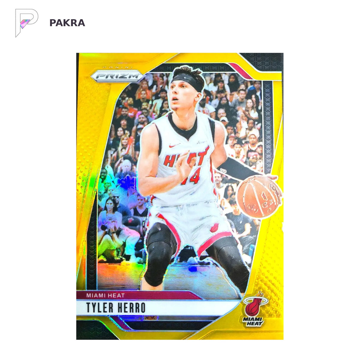 2024-25 Panini Prizm #98 Tyler Herro Heat - True Gold Prizm 07/10 SSP RARE shown on a white PAKRA background.