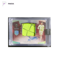 2022 Panini Eminence World Cup Thibaut Courtois Optimum Patch Auto 01/10 shown on a white PAKRA background.