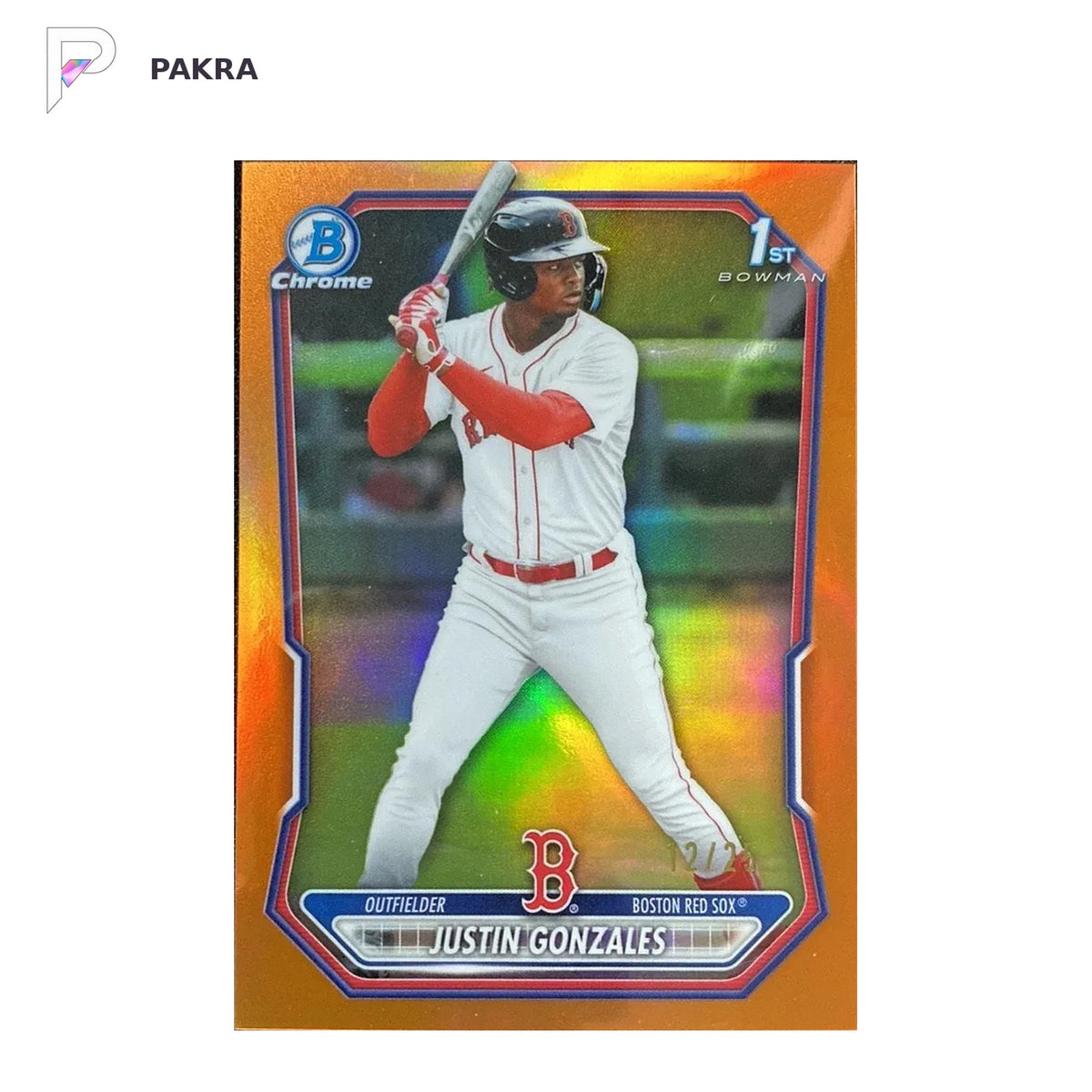 2026 Topps Bowman Chrome Orange #BCP-141 Justin Gonzales 1st 12/25 Red Sox shown on a white PAKRA background.