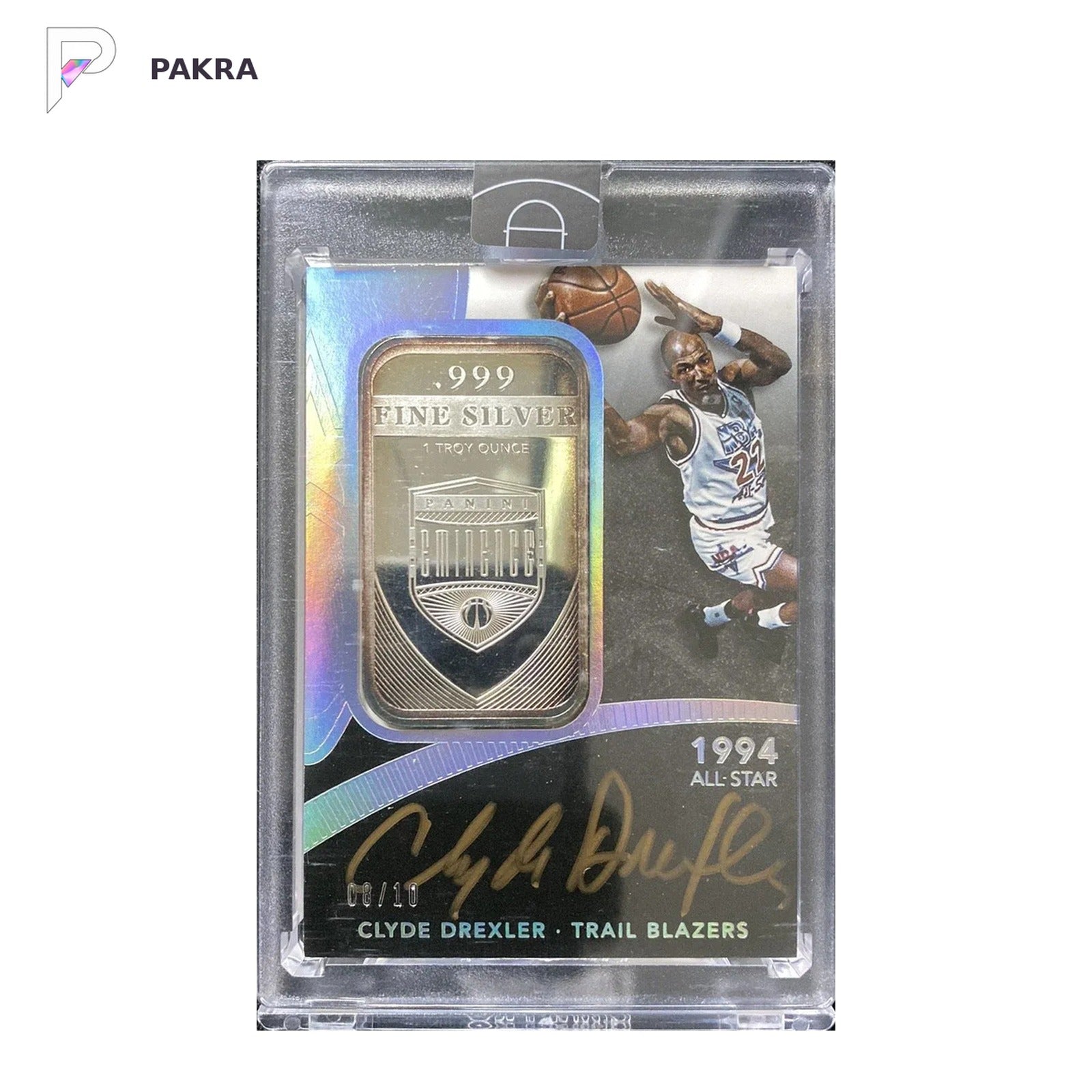 2014-15 Eminence All Star Clyde Drexler 999 Fine Silver Auto 8/10 Sealed shown on a white PAKRA background.