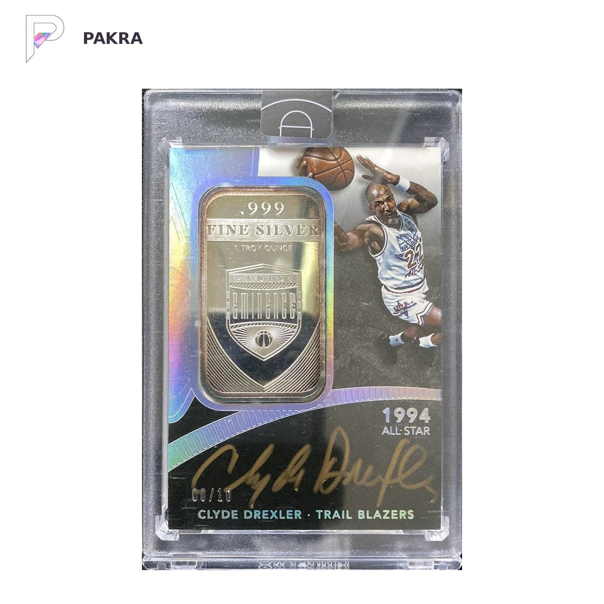 2014-15 Eminence All Star Clyde Drexler 999 Fine Silver Auto 8/10 Sealed shown on a white PAKRA background.