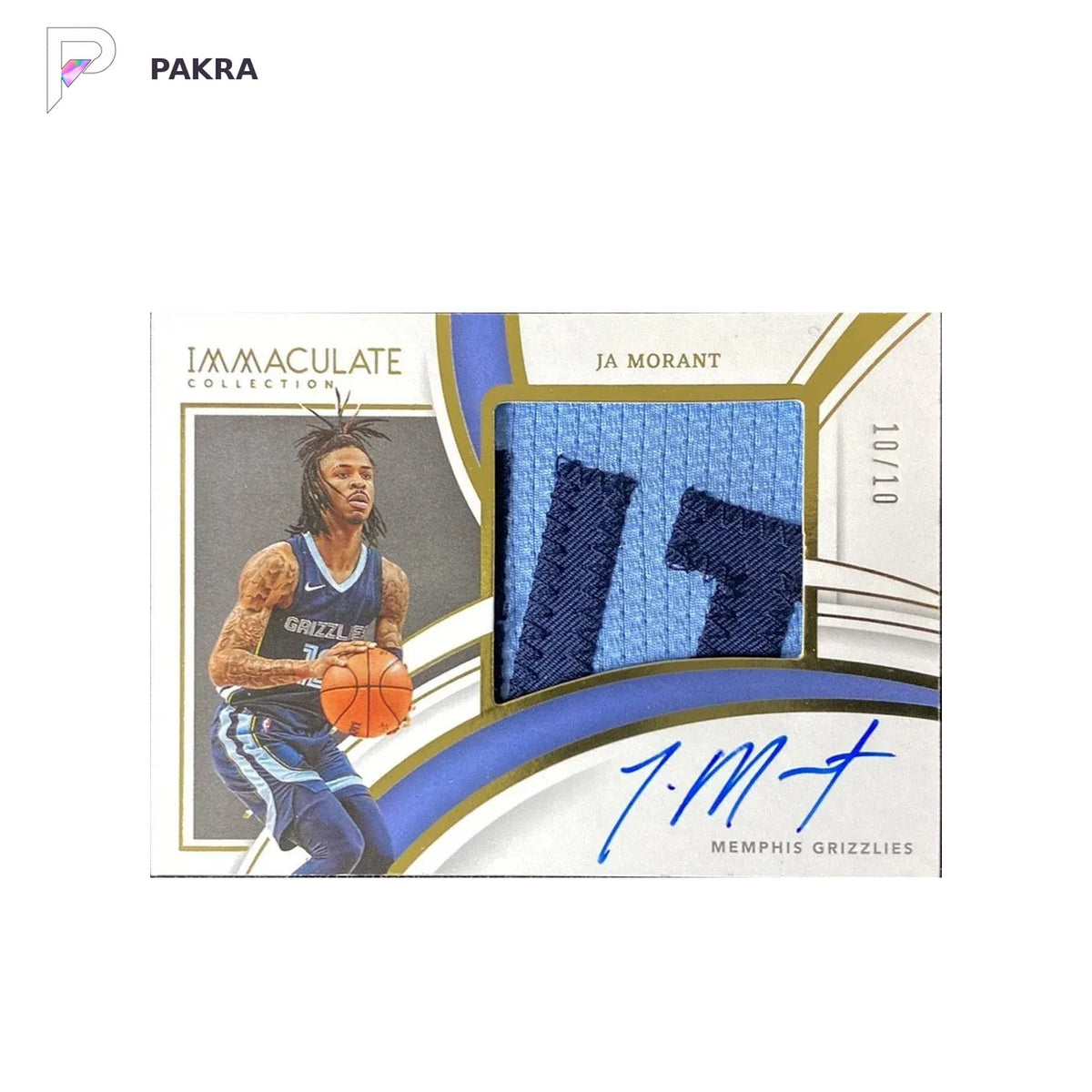 2021-22 Panini Immaculate Collection Premium Ja Morant Patch Auto 10/10 shown on a white PAKRA background.