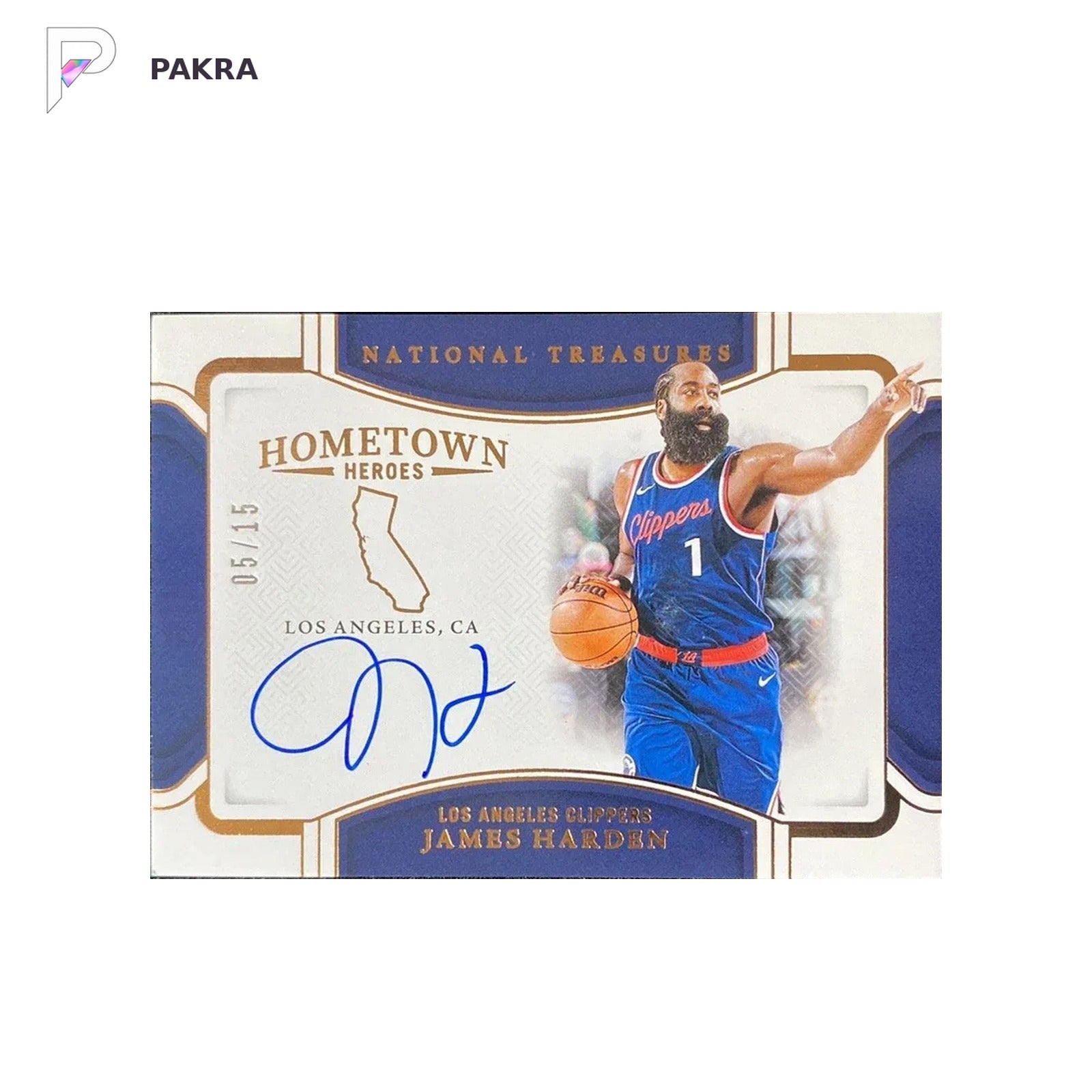 2024-25 National Treasures Hometown Heroes Bronze James Harden Auto 5/15 shown on a white PAKRA background.