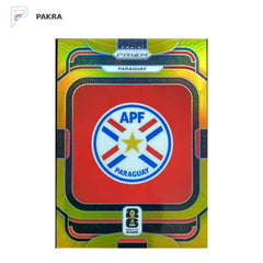2026 Panini Prizm FIFA World Cup Team Badges PARAGUAY 04/10 gold #34 shown on a white PAKRA background.