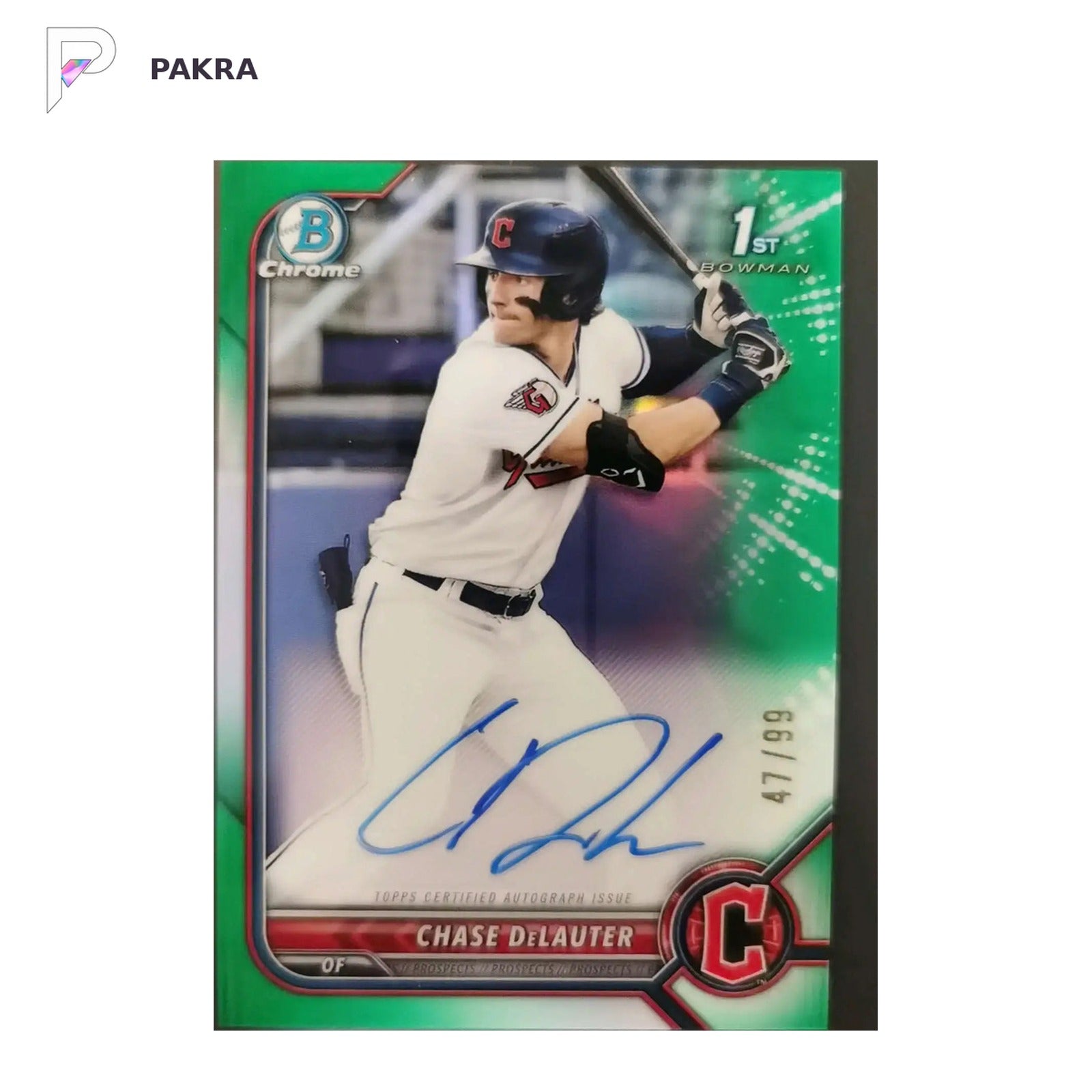 Chase Delauter 2022 Bowman Chrome 1st Green Refractor 47/99 Auto Autograph shown on a white PAKRA background.