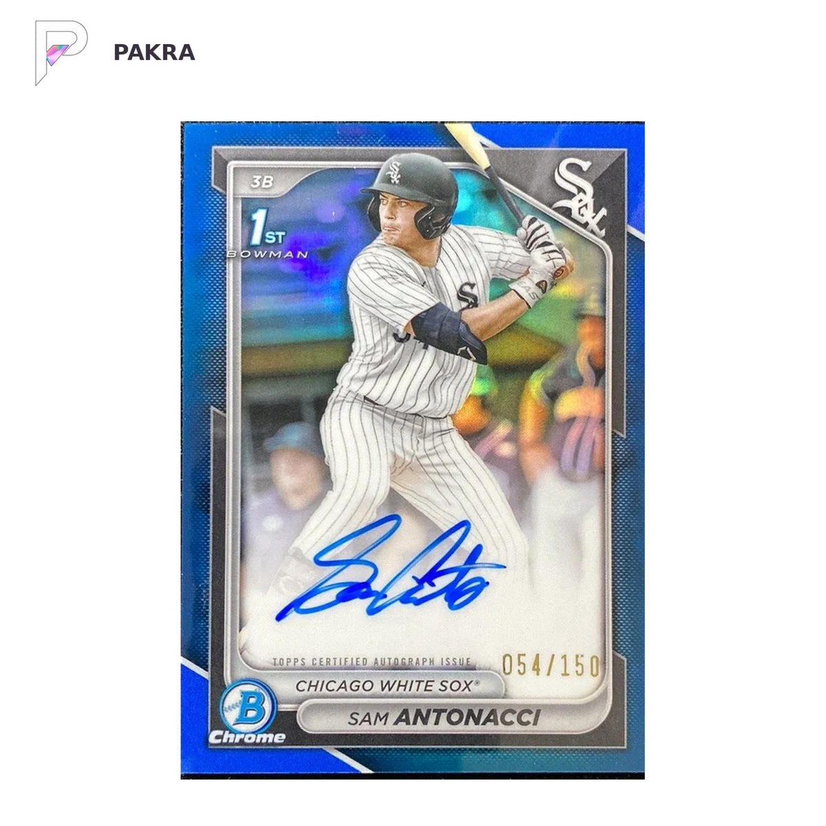 2024 Topps Bowman Chrome Ture Blue #CPA-SA Sam Antonacci Auto 1st 54/150 shown on a white PAKRA background.
