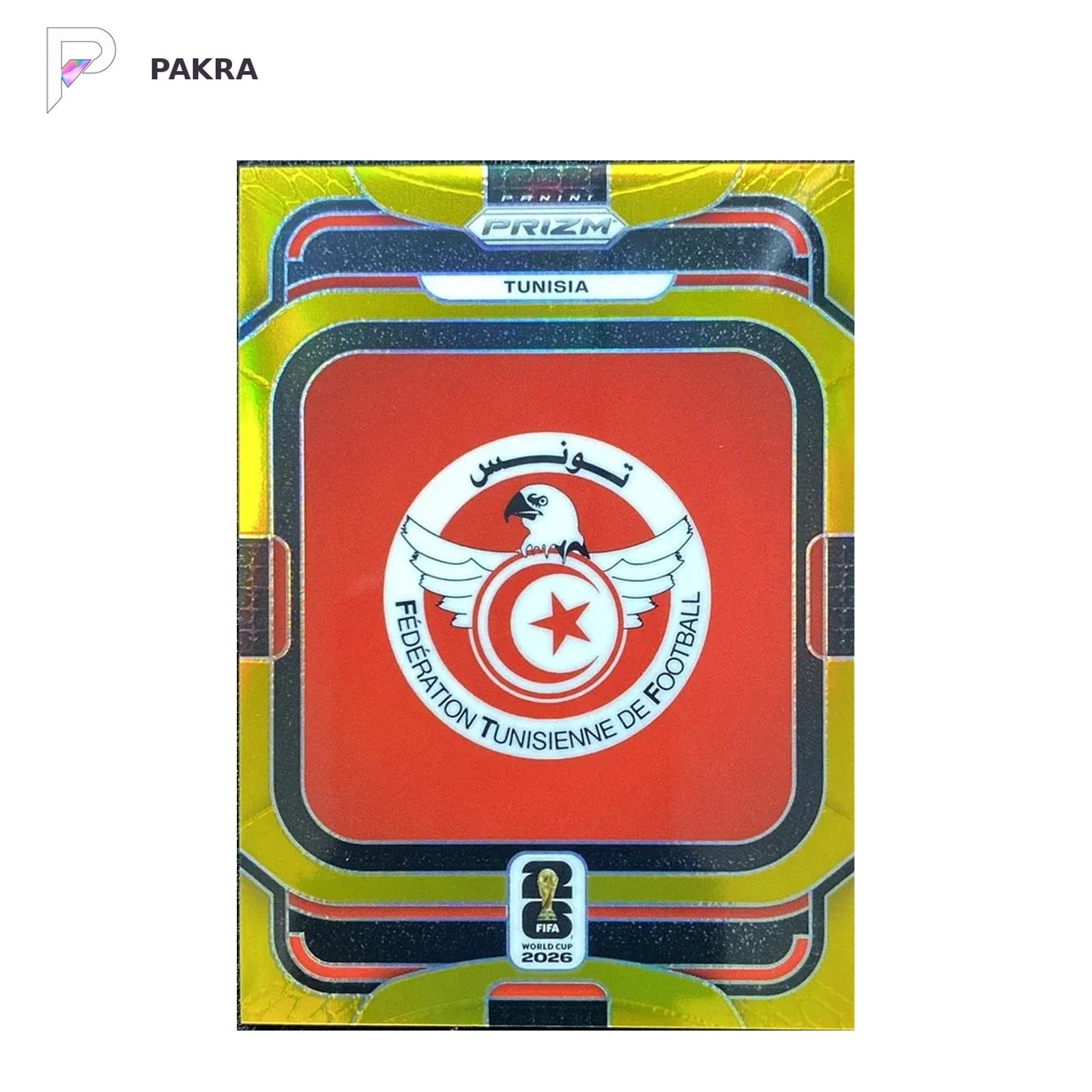 2026 Panini Prizm FIFA World Cup Team Badges Tunisia 09/10 gold #42 shown on a white PAKRA background.