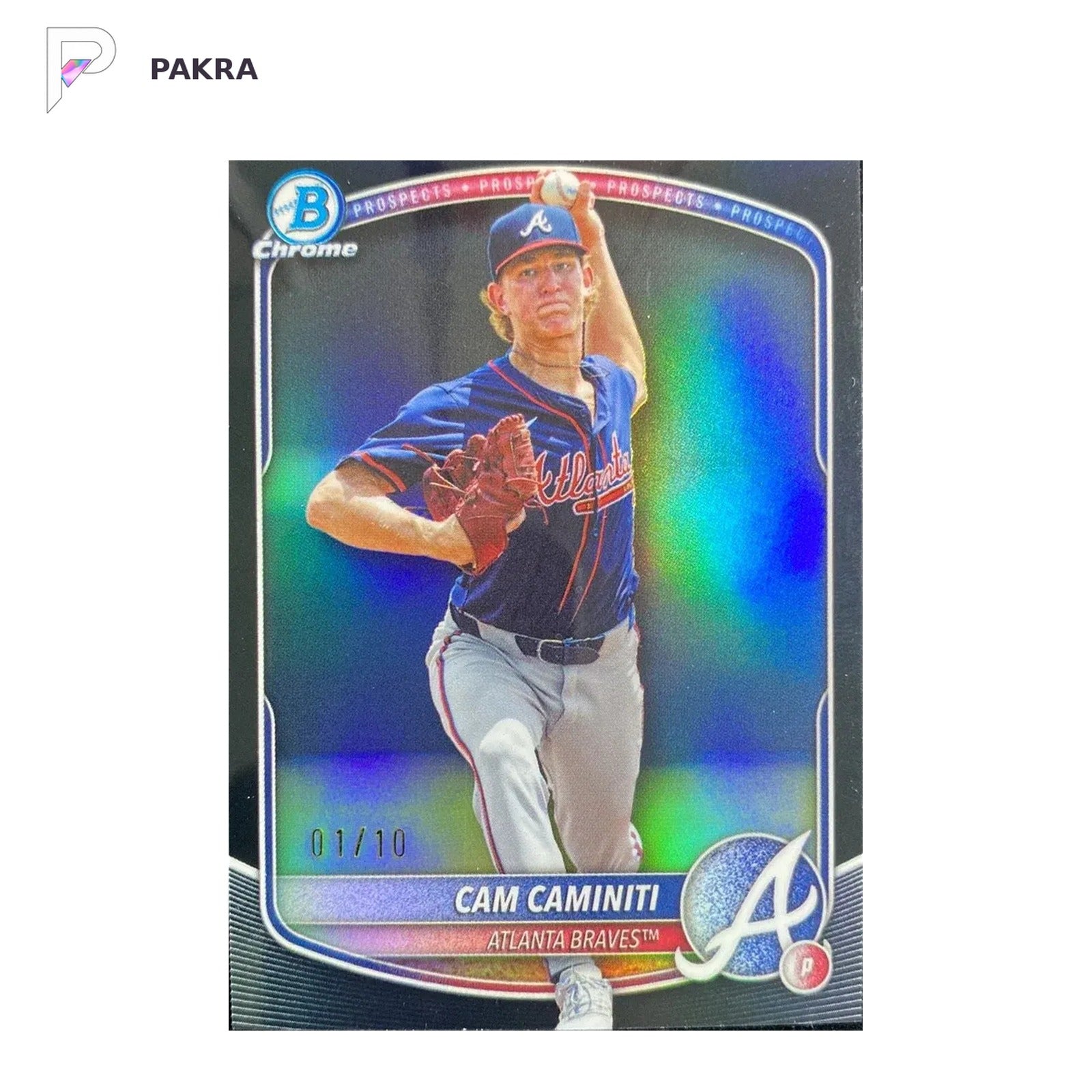 2025 Topps Bowman Draft Chrome Prospect Black #BDC-122 Cam Caminiti 01/10 shown on a white PAKRA background.