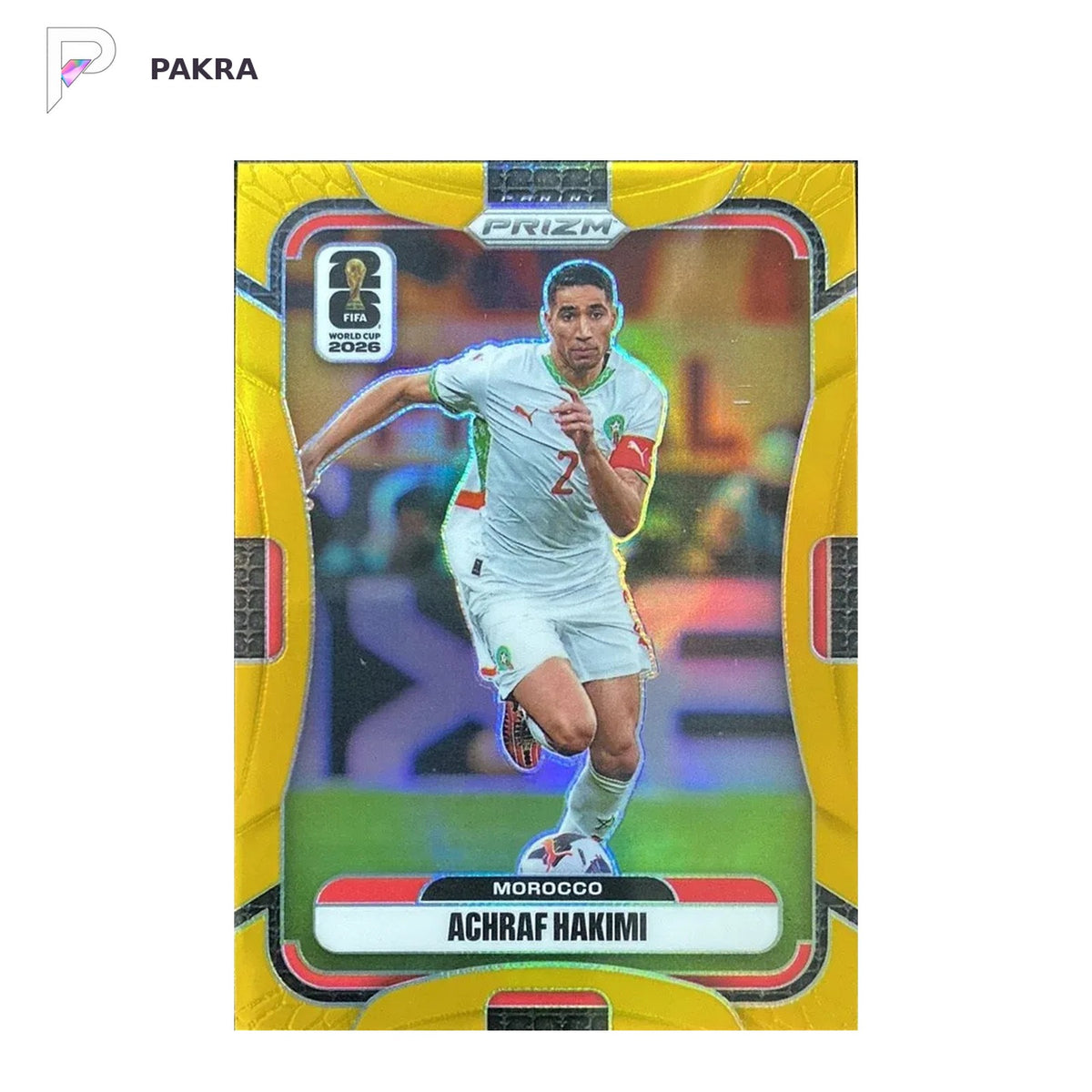 2026 Panini Prizm World Cup Achraf Hakimi 9/10 gold Morocco #299 shown on a white PAKRA background.