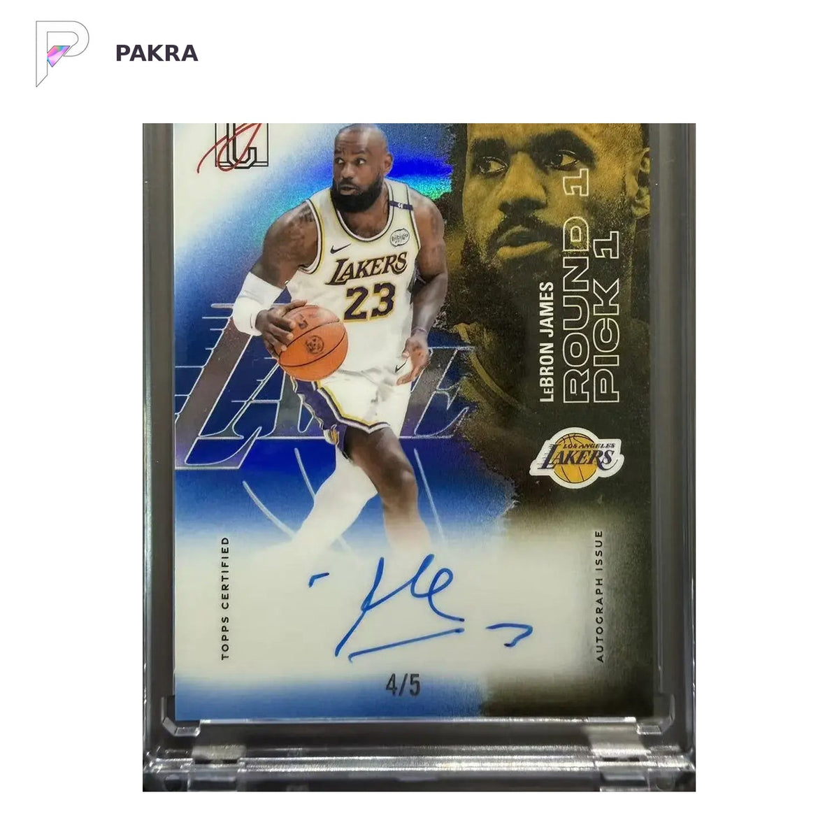 2025-26 Topps Signature Class Veteran Chrome Blue LeBron James Auto 4/5 shown on a white PAKRA background.