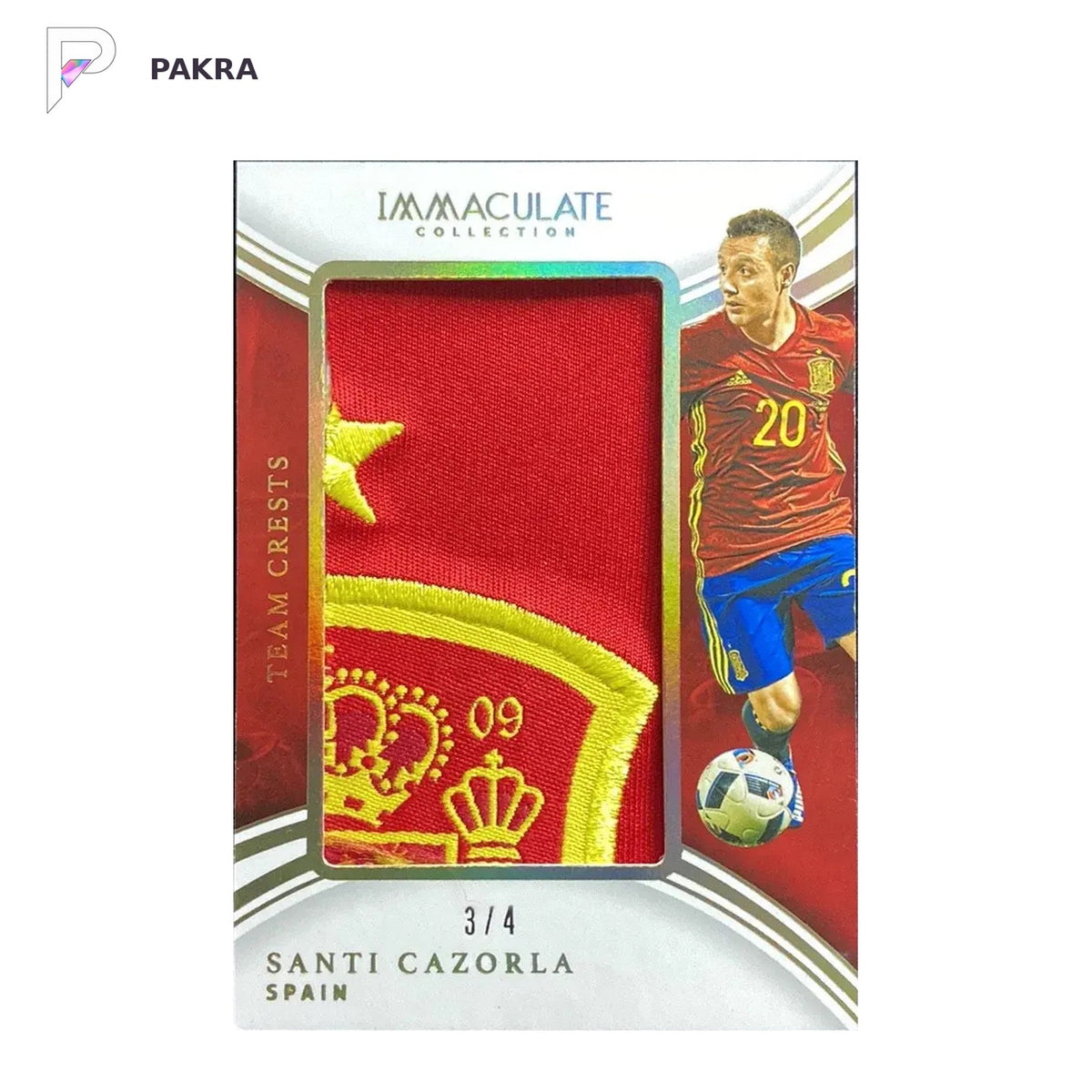 2017 Panini Immaculate Team Crests Santi Cazorla Patc 3/4 Arsenal Spain shown on a white PAKRA background.