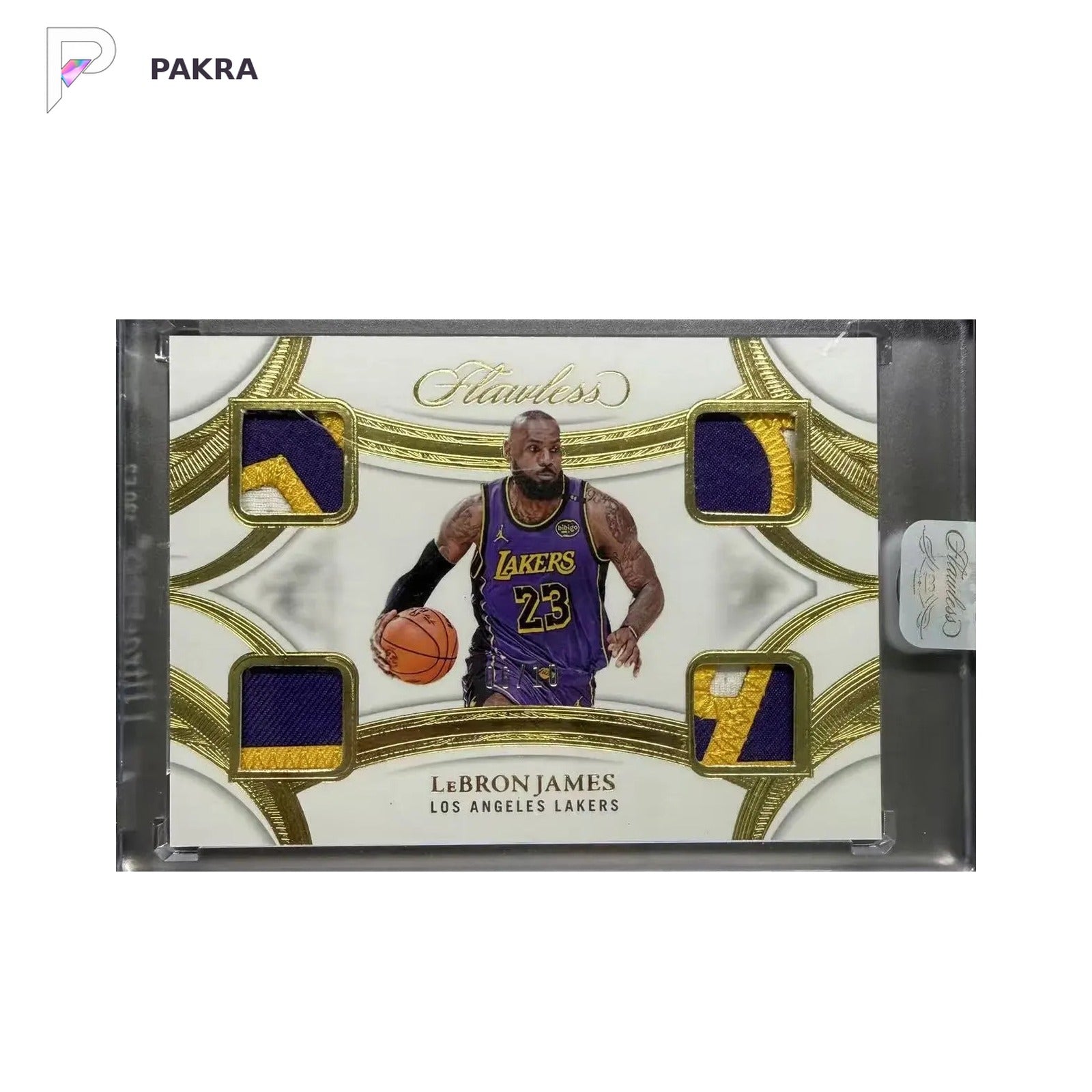 2024-25 Panini Flawless Gold LeBron James Quad GU Patches 6/10 Sealed shown on a white PAKRA background.