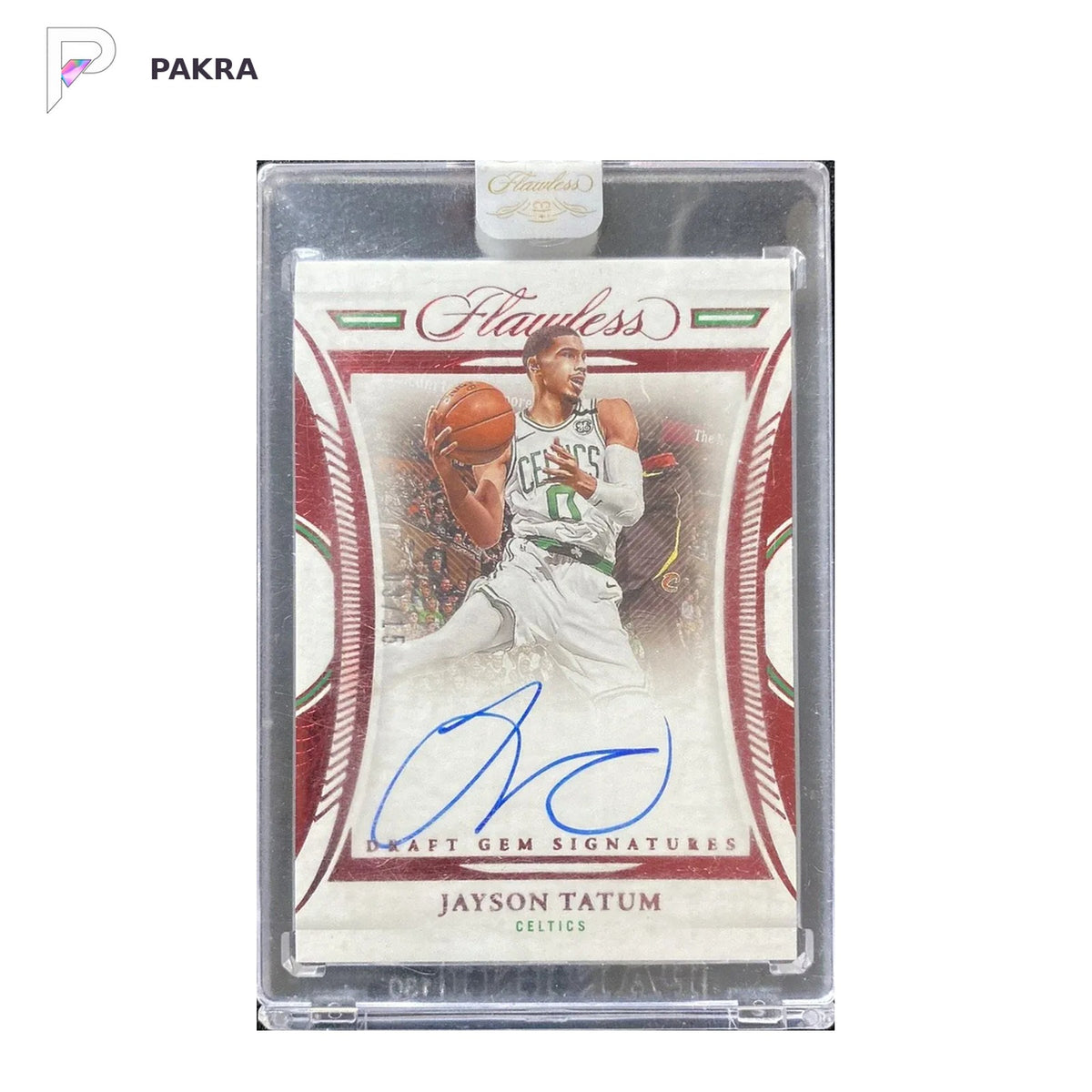 2021-22 Panini Flawless Draft Gem Ruby Jayson Tatum Auto 3/15 Sealed shown on a white PAKRA background.