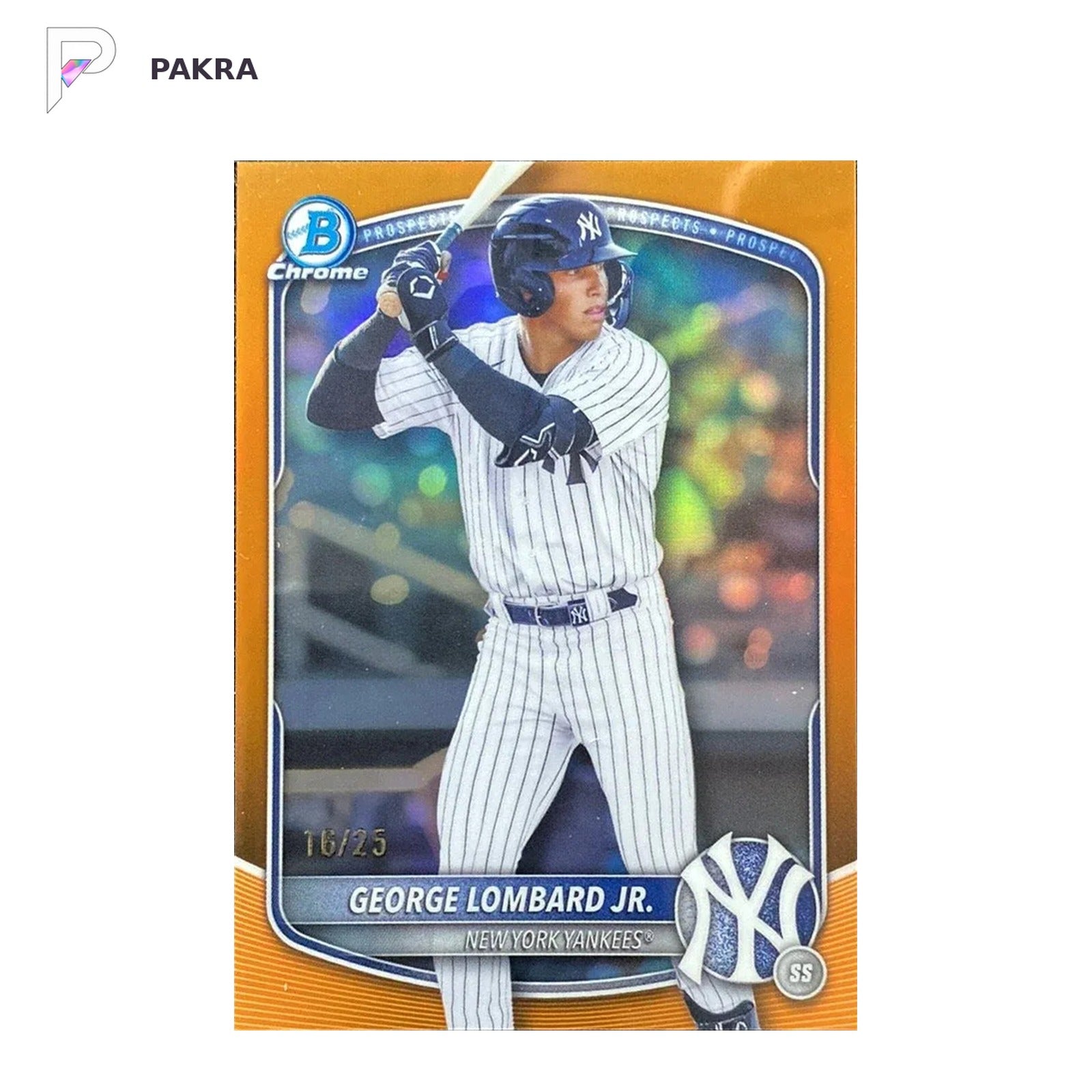 2025 Topps Bowman Chrome George Lombard Jr #BDC-43 Orange Refractor 16/25 shown on a white PAKRA background.
