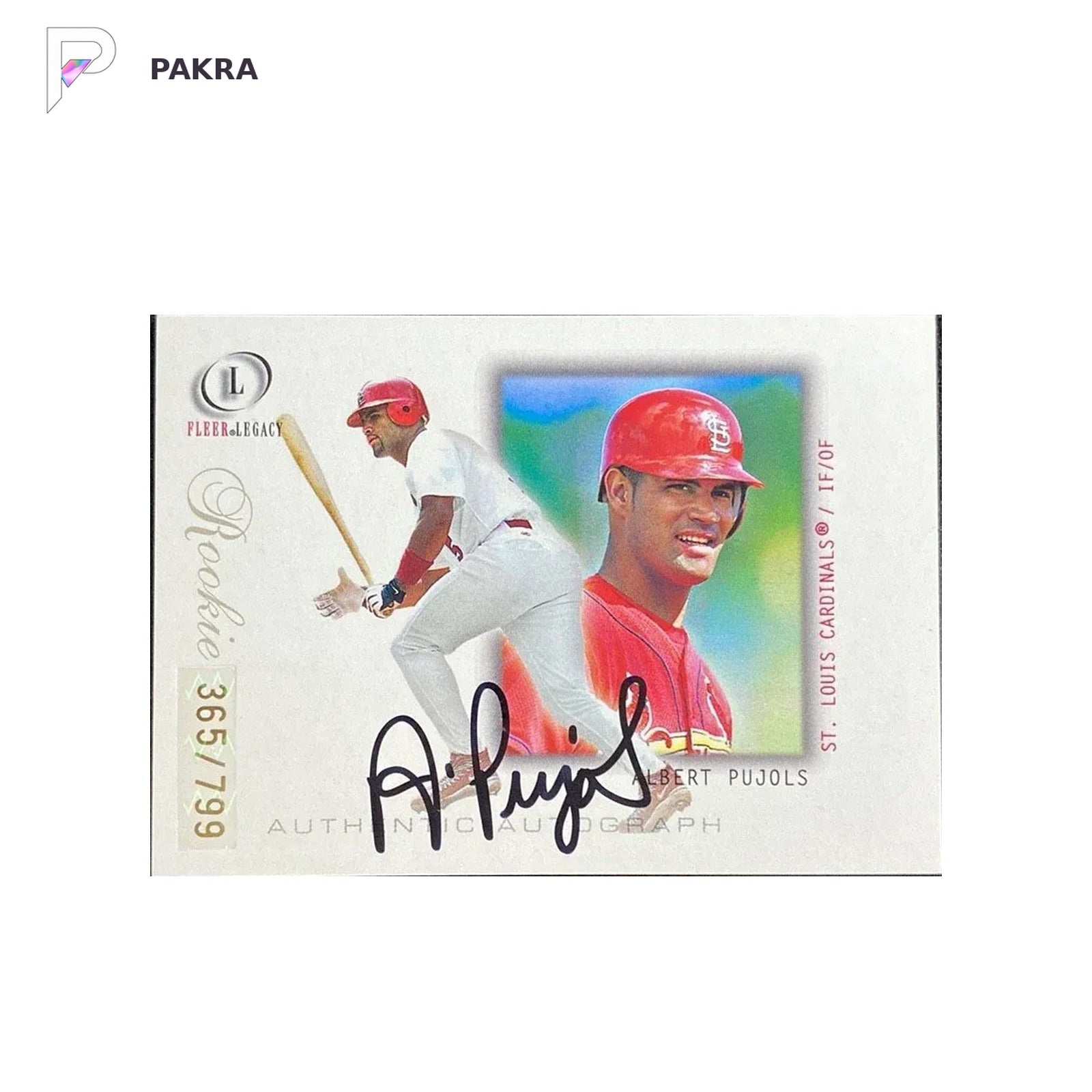2001 Fleer Legacy #102 Albert Pujols RC Rookie Auto 365/799 Cardinals shown on a white PAKRA background.