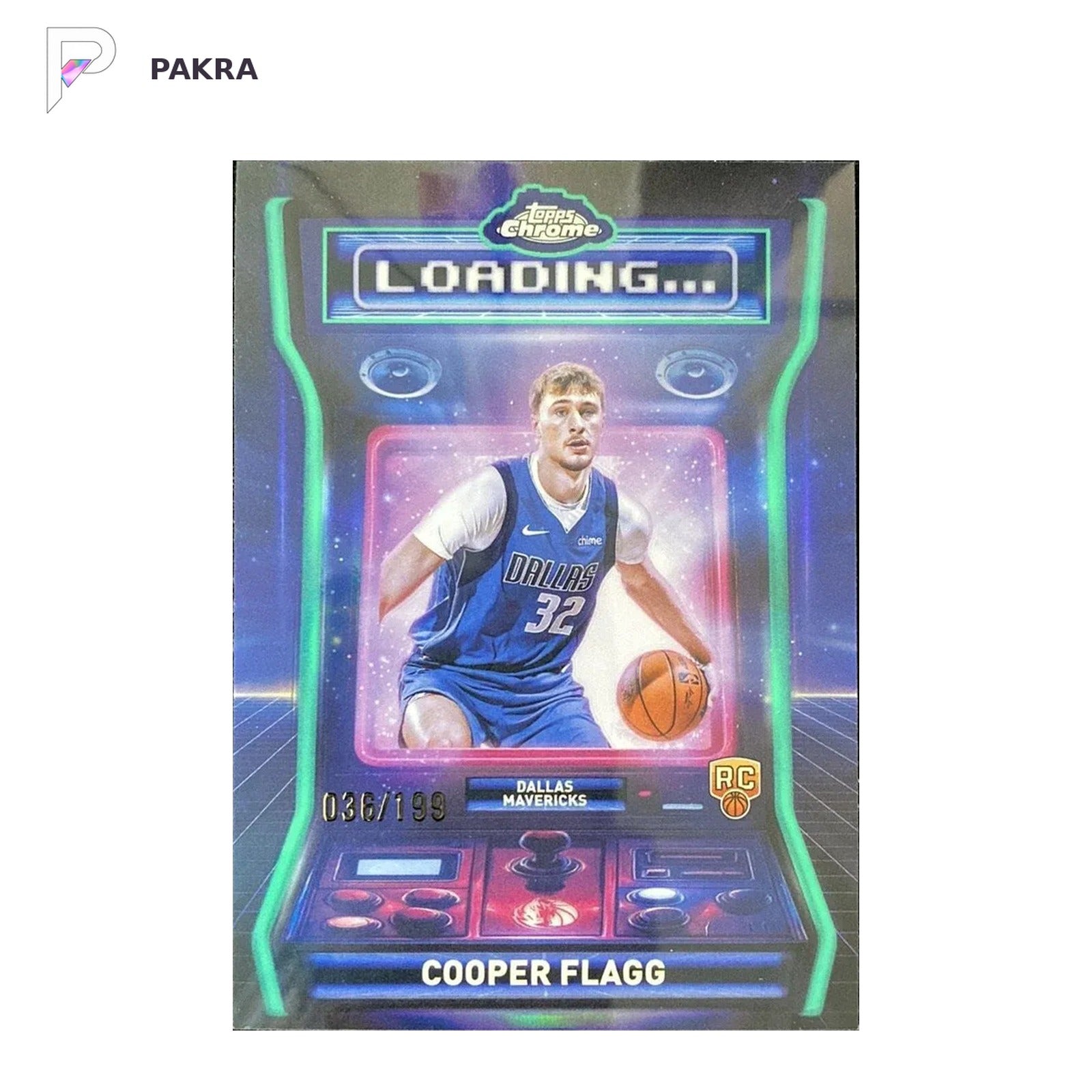 2025-26 Topps Chrome Loading Aqua #LD-11 Cooper Flagg RC Rookie 36/199 shown on a white PAKRA background.
