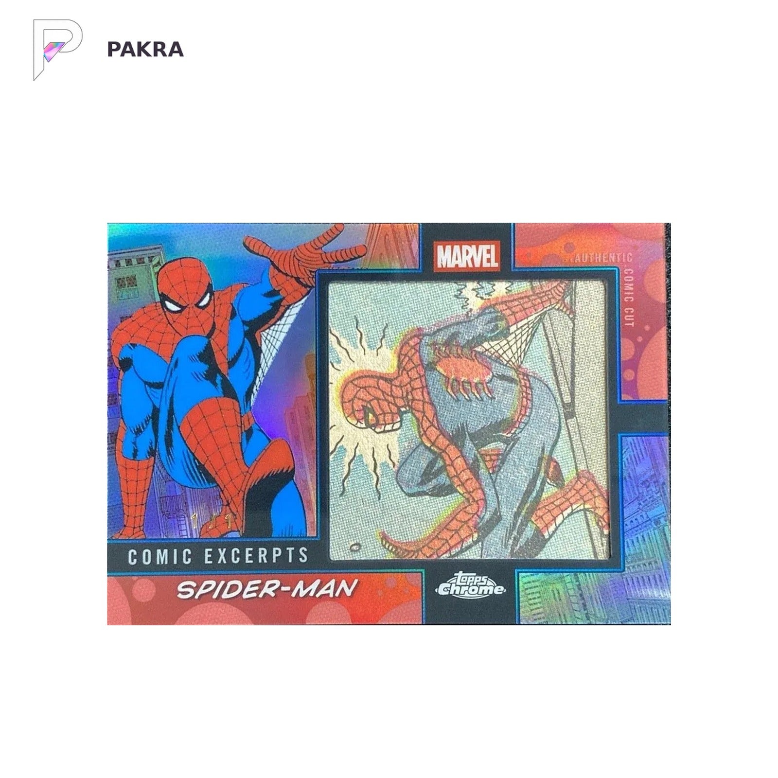 2026 Topps Chrome Marvel Comics Excerpts Spider-Man #CE-03 Relic 1/1 shown on a white PAKRA background.