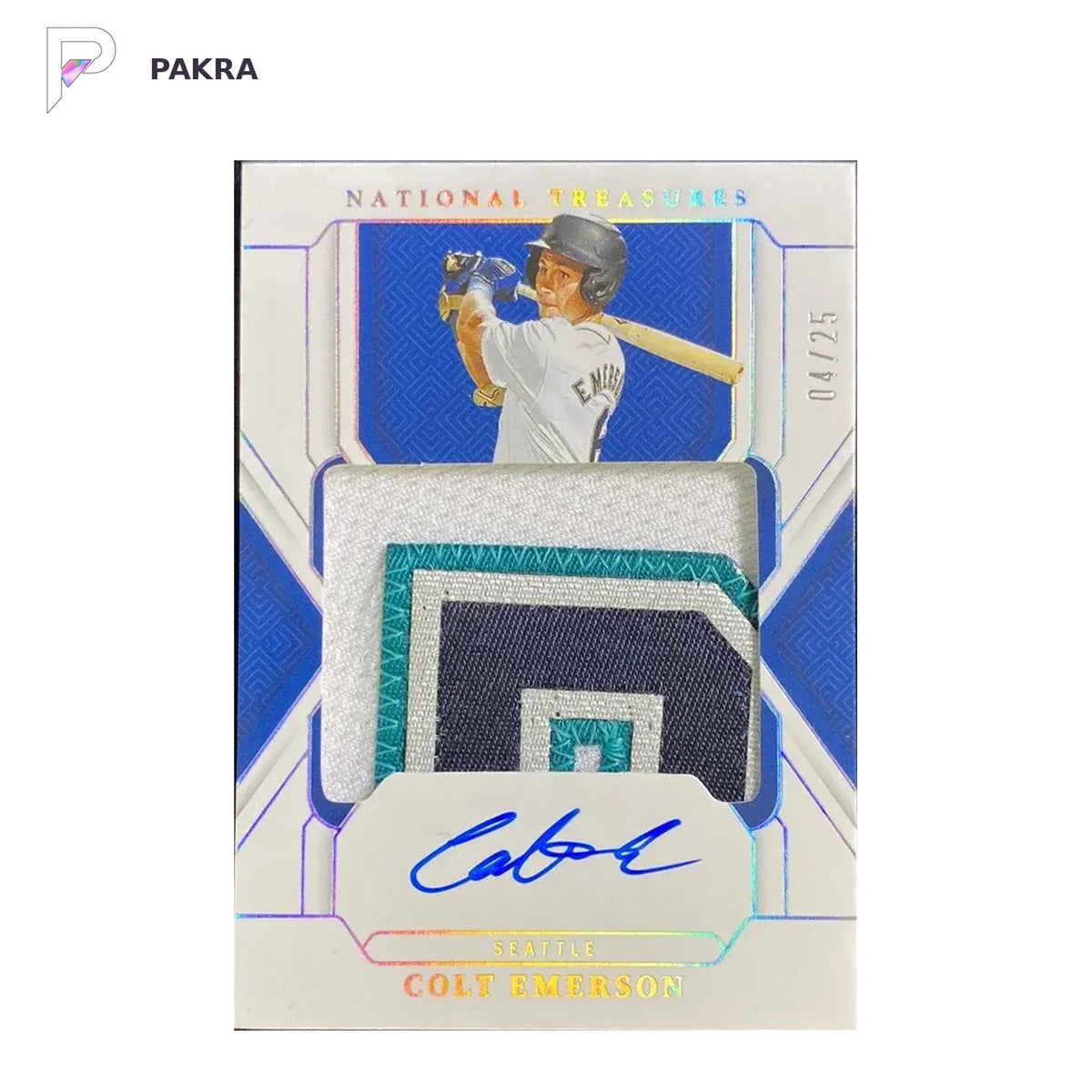 2025 Panini National Treasures Patch Auto Colt Emerson Jersey Number 4/25 shown on a white PAKRA background.