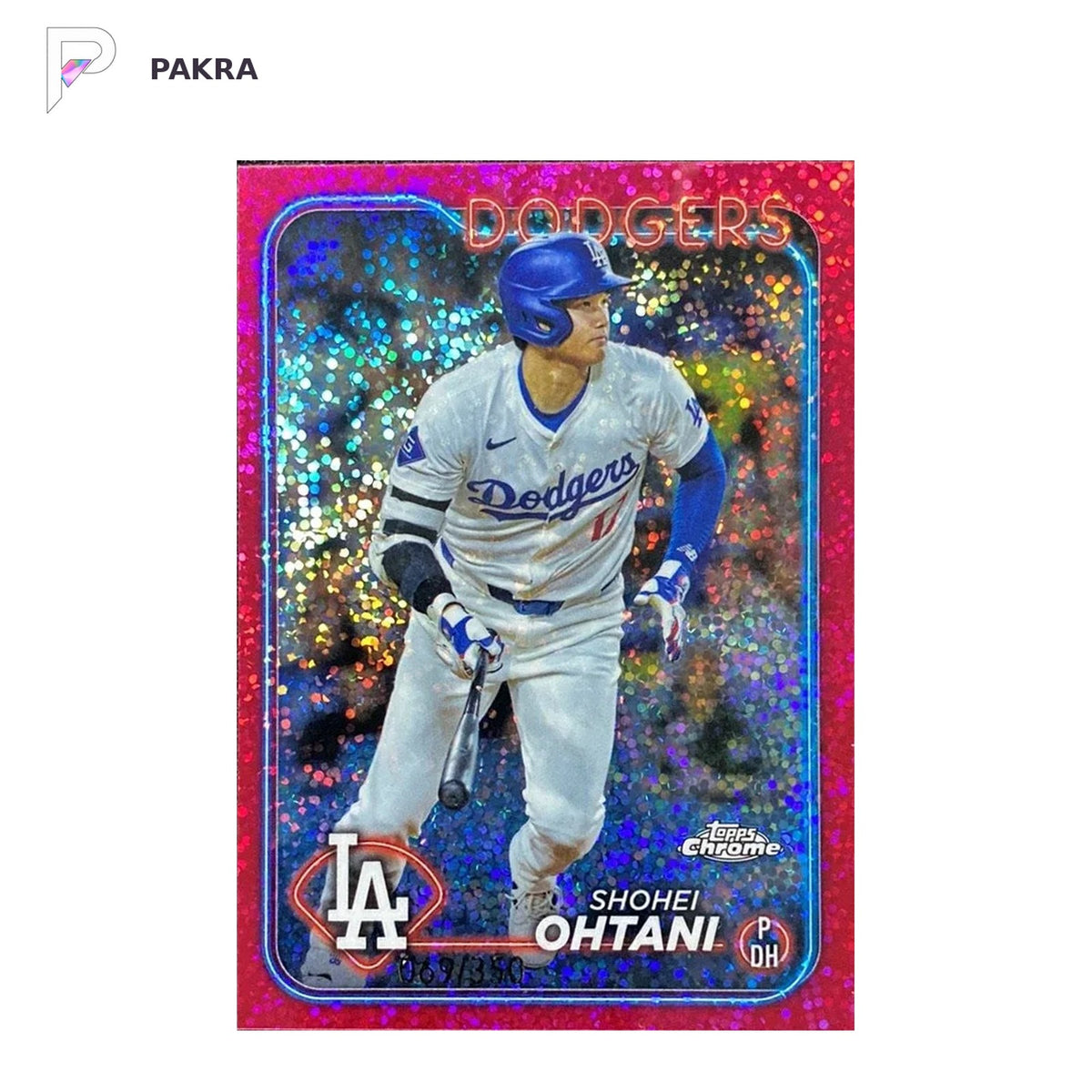 2024 Topps Chrome Magenta Speckle #1 Shohei Ohtani 69/350 Dodgers shown on a white PAKRA background.