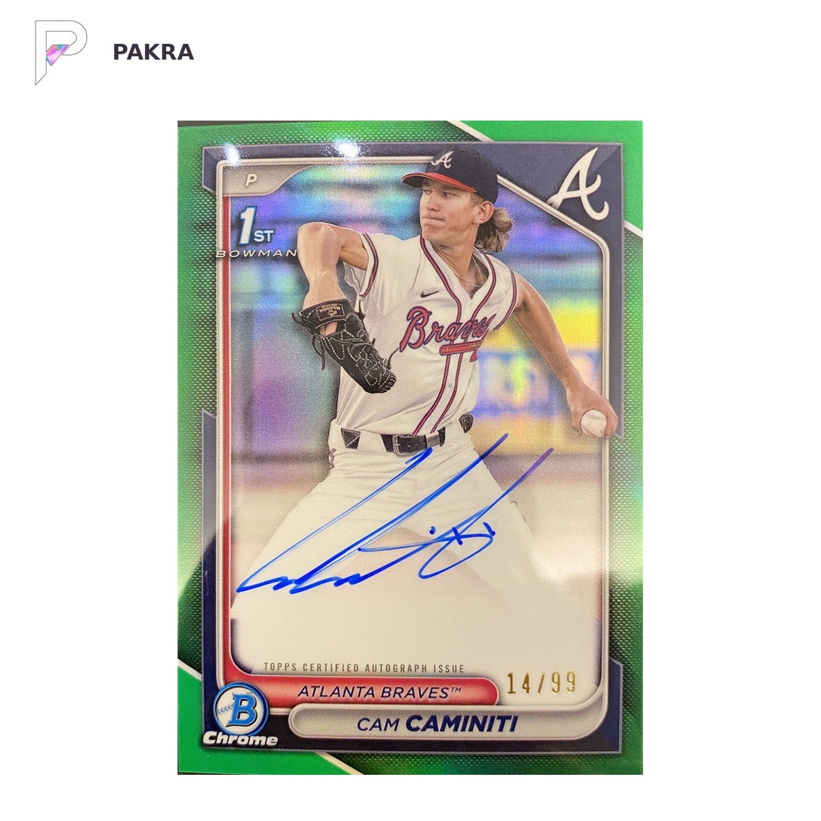 2024 Bowman Draft 1st Cam Caminiti Green REF CHR Prospect Auto Braves 14/99 shown on a white PAKRA background.