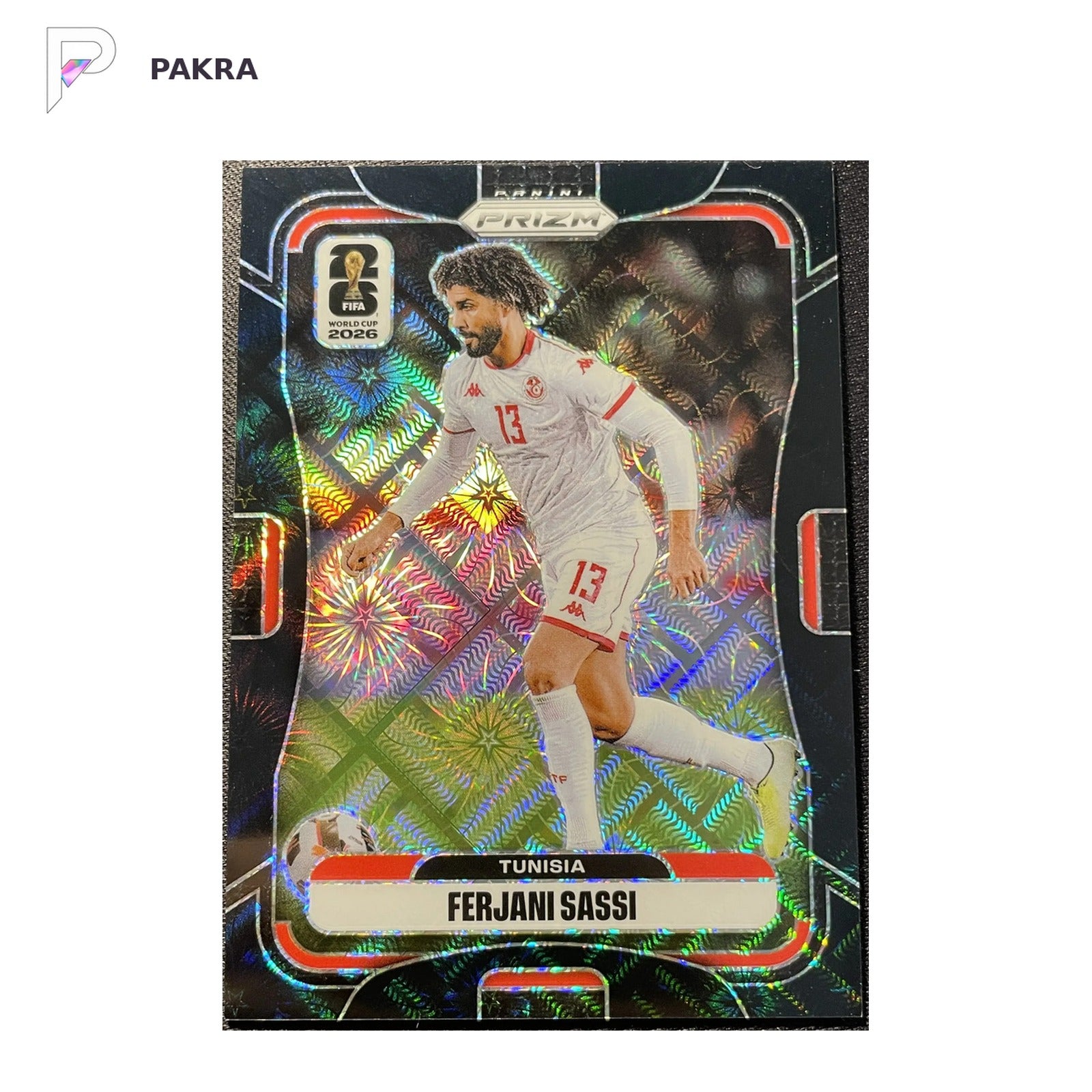 2026 Prizm Fifa World Cup Ferjani Sassi 1/1 black Celestial Lattice #425 shown on a white PAKRA background.