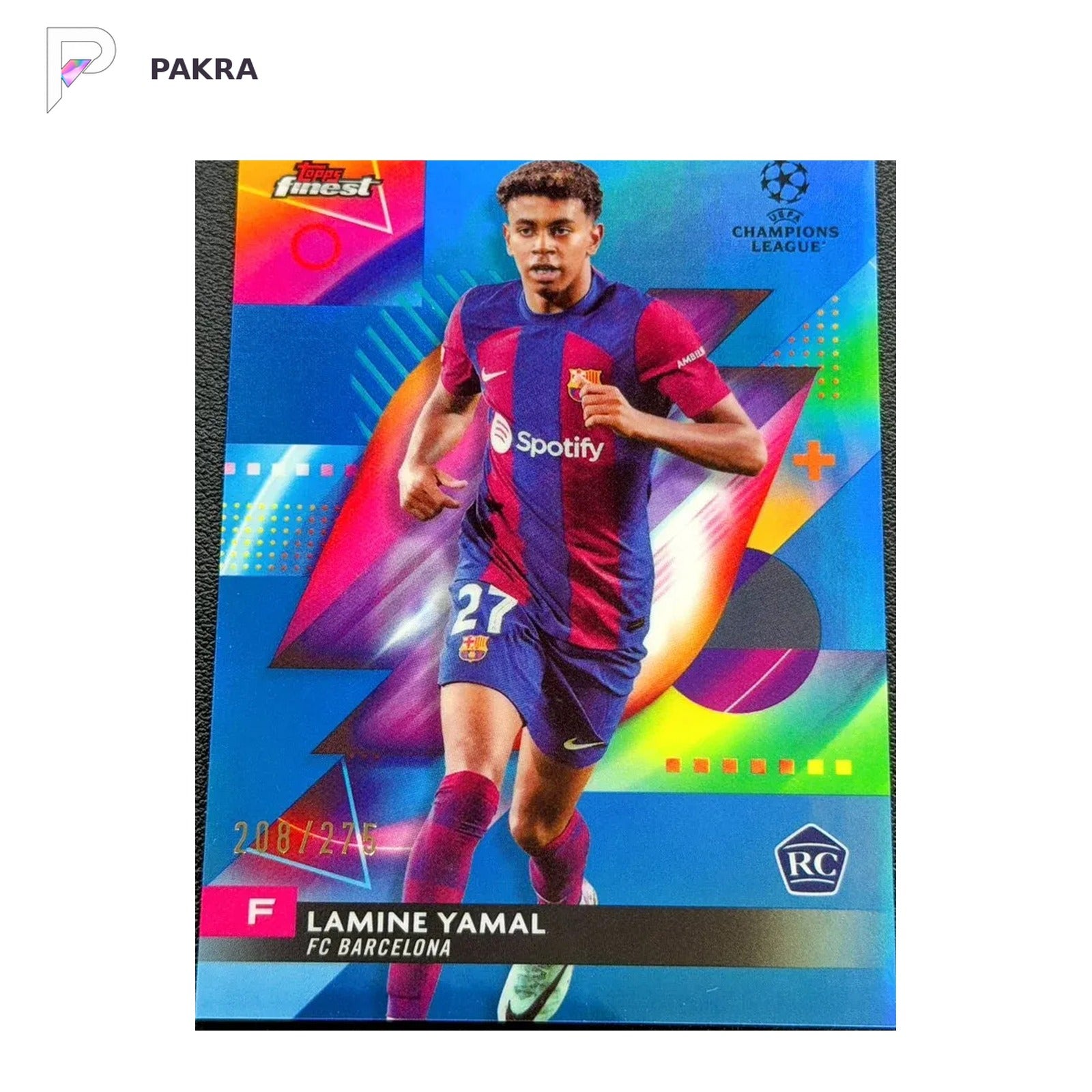 2023-24 Topps Finest UEFA Lamine Yamal RC Rookie Sky Blue /275 Spain shown on a white PAKRA background.