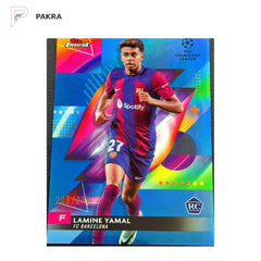 2023-24 Topps Finest UEFA Lamine Yamal RC Rookie Sky Blue /275 Spain shown on a white PAKRA background.