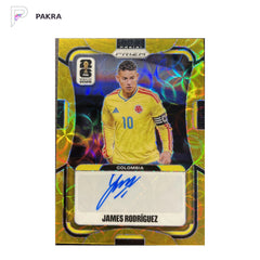 2026 Panini Prizm FIFA World Cup James Rodriguez Auto Gold Chioce /10 #S-JR shown on a white PAKRA background.