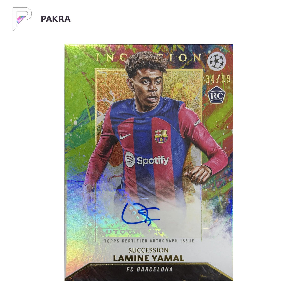 2024 Topps Inception UEFA Succession Auto Lamine Yamal RC Green /99 Mint+ shown on a white PAKRA background.