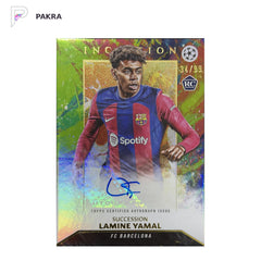2024 Topps Inception UEFA Succession Auto Lamine Yamal RC Green /99 Mint+ shown on a white PAKRA background.