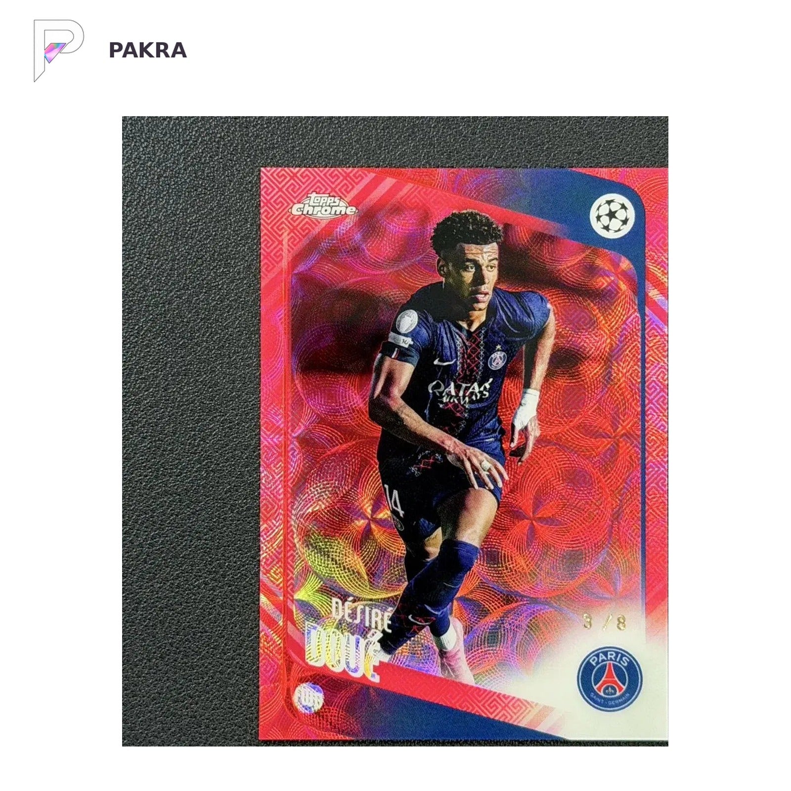 2025-26 Topps Chrome UEFA Desire Doue Red Hongbao Choice 3/8 France shown on a white PAKRA background.