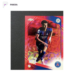 2025-26 Topps Chrome UEFA Desire Doue Red Hongbao Choice 6/8 France shown on a white PAKRA background.