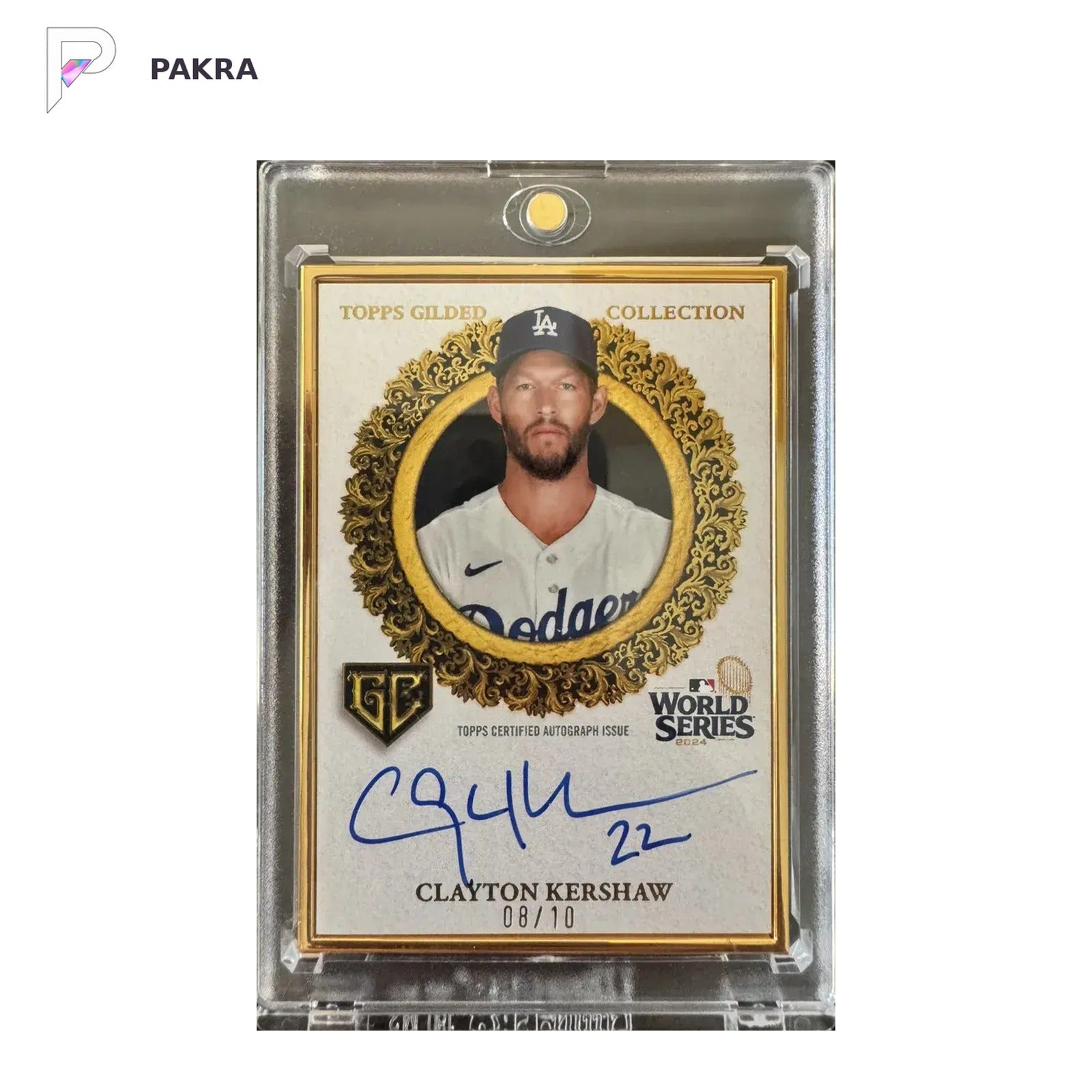 Clayton Kershaw 2025 Topps Gilded Collection Champions Auto /10 shown on a white PAKRA background.