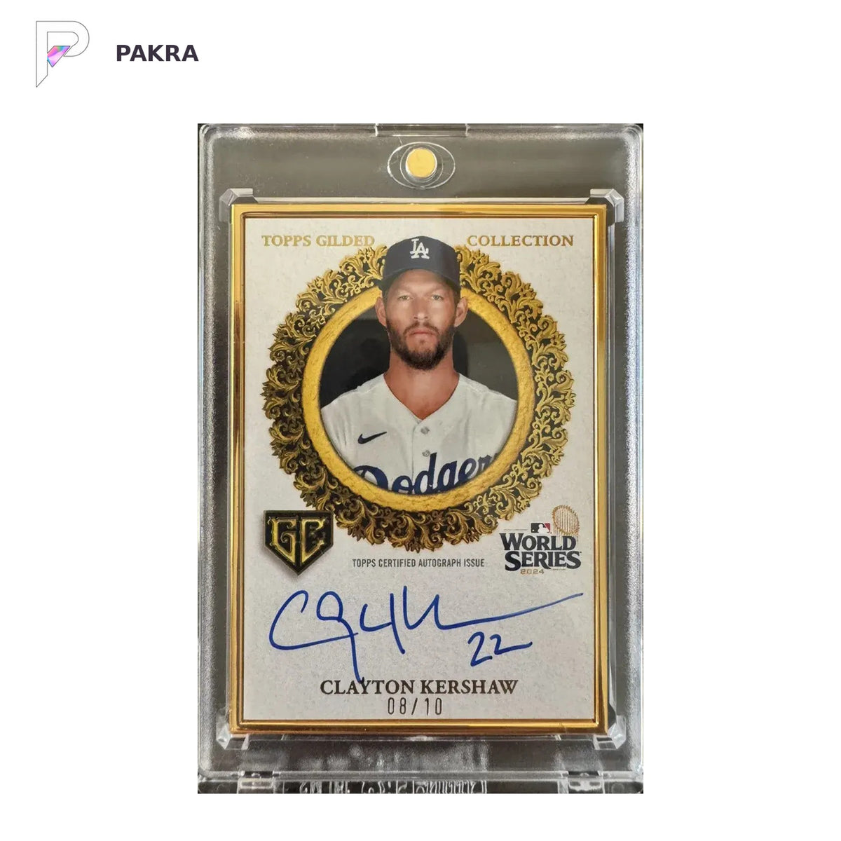 Clayton Kershaw 2025 Topps Gilded Collection Champions Auto /10 shown on a white PAKRA background.