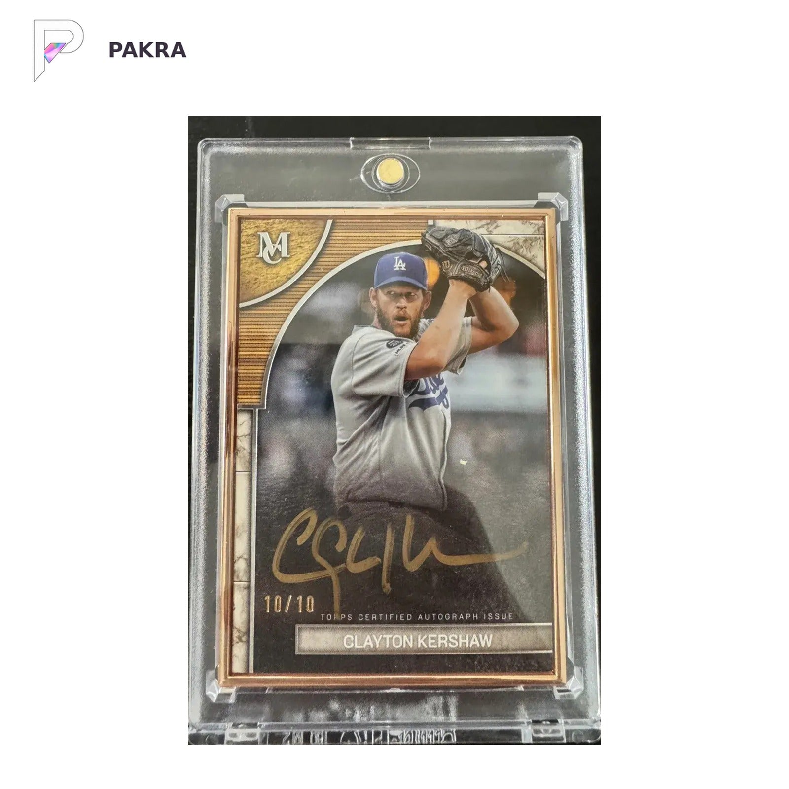 Clayton Kershaw 2025 Topps Museum Framed Autographs Gold Frame #FMA-CK #/10 shown on a white PAKRA background.