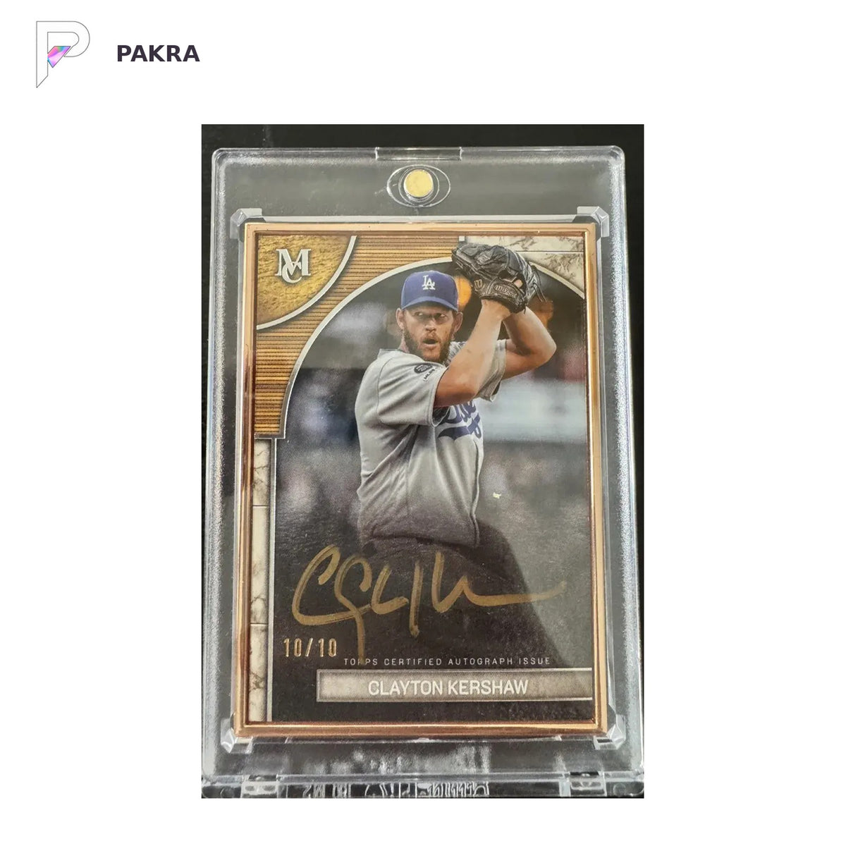 Clayton Kershaw 2025 Topps Museum Framed Autographs Gold Frame #FMA-CK #/10 shown on a white PAKRA background.