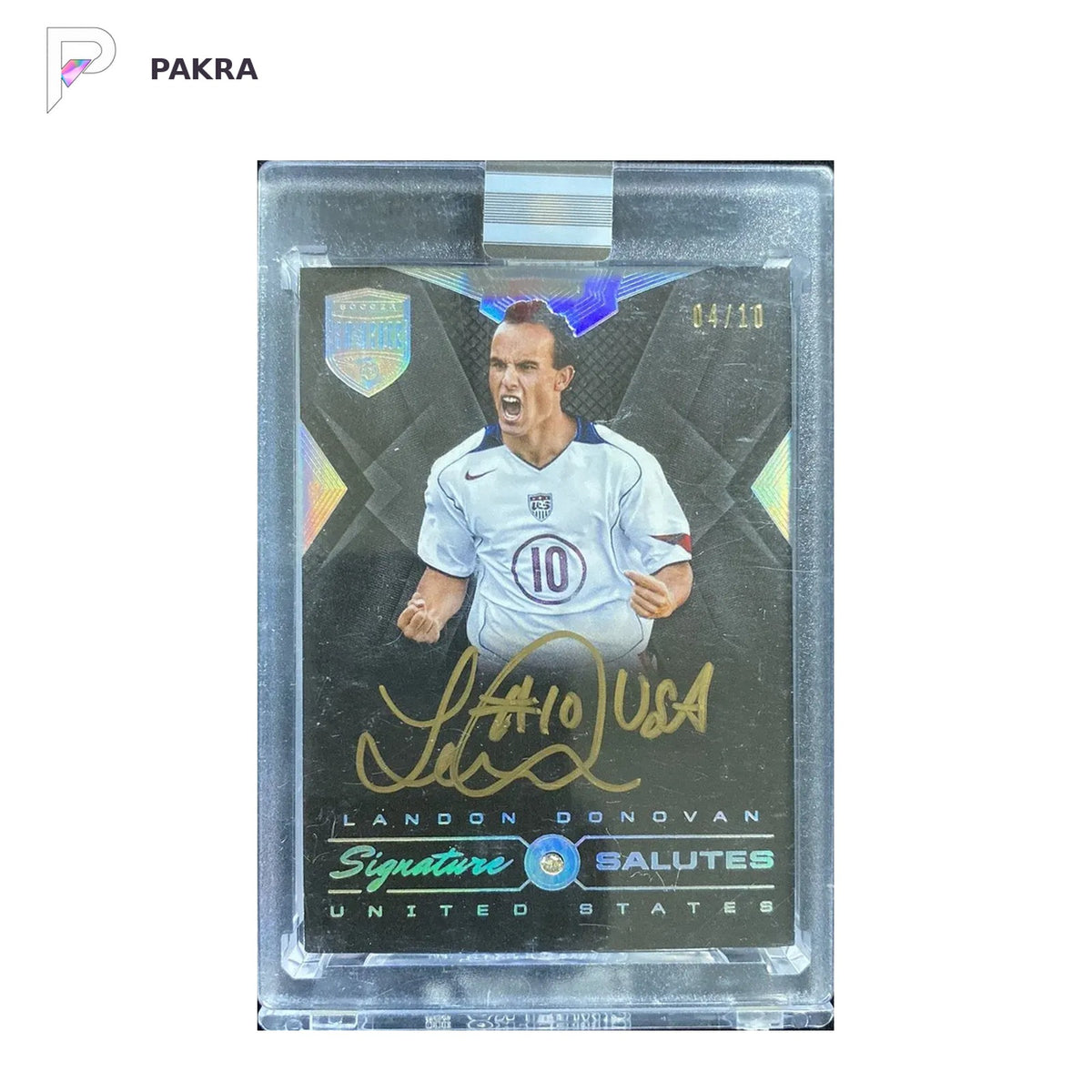 2018 Panini Eminence Soccer Landon Donovan auto 4/10 USA #SS-LD shown on a white PAKRA background.