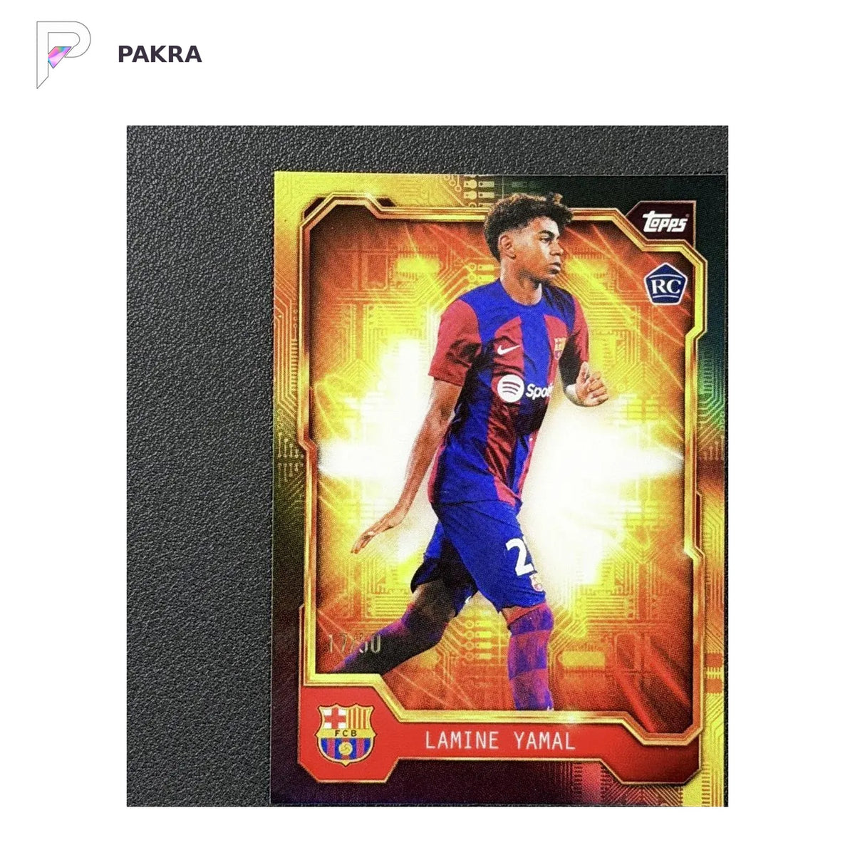 2023-24 Topps Barcelona Set Lamine Yamal RC Rookie Golden Future Black /50 shown on a white PAKRA background.